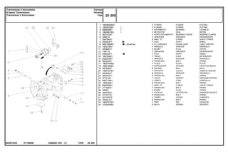E119Z006
063281N2A
25-40 No
1
2
3
4
5
6
7
8
9
10
11
12
13
14
15
16
17
18
19
20
21
22
23
24
25
26
27
28
29
30
31
32
33
34
1860890M91
1860876M1
886668M1
1860867M3
063142N1
29951X
364784X1
058424P1
488156M97
180474M1
050698T1
13811X
058424P1
184789M1
828020M1
362433X1
1860764M2
1860765M1
391838X1
1860761M1
353434X1
362443X1
0710129
886719M1
180002M1
886089M1
377480X1
2950X
354076X1
377477X1
021020P2
354441X1
1860767M1
3700450M1
1
1
1
1
1
1
2
1
1
1
1
1
1
1
1
1
1
1
2
1
2
2
1
1
2
1
1
1
1
3
1
2
1
2
1
1
1
FLANGE PLETINA
FLANGE PLETINA
BEARING COJINETE
SEAL RETEN
BEARING FLANGE BEARING FLANGE
GREASER ENGRASADOR
O RING JUNTA TORICA
SHAFT ARBOL
HOUSE ASSY CONJ. CARTER
WASHER ARANDELA
PLUG TAPON
GREASER ENGRASADOR
SHAFT ARBOL
LOCK RETENEDOR
WASHER ARANDELA
BOLT PERNO
PLATE PLATO
SPACER PIEZA DISTANCIA
BALL BOLA
CLEVIS GANCHO SEGURI.
WASHER ARANDELA
BOLT PERNO
GASKET EMPAQUETADURA.
FORK HORQUILLA
BOLT PERNO
O RING JUNTA TORICA
BOLT PERNO
PLUG TAPON
COTTER PIN PASADOR DOUBLE
BOLT PERNO
COVER CUBIERTA
BOLT PERNO
PIN PASADOR
SPRING RESORTE
FLANGE
FLANGE
ROLAMENTO
RETENTOR
PORTA ROLAMENTO
GRAXEIRA
ANEL "O"
EIXO
CJ. CARCAÇA
ARRUELA
BUJÃO
GRAXEIRA
EIXO
TRAVA
ARRUELA
PARAFUSO
PLACA
ESPAÇADOR
ESFERA
SUPORTE
ARRUELA
PARAFUSO
JUNTA
GARFO
PARAFUSO
ANEL "O"
PARAFUSO
BUJÃO
CUPILHA
PARAFUSO
TAMPA
PARAFUSO
PINO
MOLA
C026502 E03 12/05
(1)
25 395
Carcaça
Housing
Caja
Transmissão 8 Velocidades
8 Speed Transmission
Transmision 8 Velocidades
25 395
-
Menu Símbolos
 