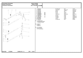 E123Z006
063281N2B
[A]
[B]
[C]
1ª E MARCHA RÉ
1 AND REVERSE SPEED
1ª Y MARCHA ATRÁS
4ª MARCHA
4 SPEED
4ª MARCHA
2ª E 3ª MARCHA
2 AND 3 SPEED
2ª Y 3ª VELOCIDAD
1
2
3
4
5
6
7
8
9
10
11
12
13
180002M1
180446M1
191221M1
180418M2
180442M2
1862866M1
1862868M2
180438M2
1860773M1
1873532M1
897065M2
894703M2
180002M1
5
1
4
4
1
1
1
1
2
1
1
1
1
[A]
[B]
[B]
[C]
[B]
BOLT PERNO
SELECTOR SELECTOR
SPRING RESORTE
PIN PASADOR
SHAFT ARBOL
SHAFT ARBOL
SELECTOR SELECTOR
SHAFT ARBOL
FORK HORQUILLA
FORK HORQUILLA
FORK HORQUILLA
SHAFT ARBOL
BOLT PERNO
PARAFUSO
SELETOR
MOLA
PINO
EIXO
EIXO
SELETOR
EIXO
GARFO
GARFO
GARFO
EIXO
PARAFUSO
C026502 E03 12/05
(1)
25 400
Garfos E Hastes
Shafts & Forks
Ejes Y Horquillas
Transmissão 8 Velocidades
8 Speed Transmission
Transmision 8 Velocidades
25 400
-
Menu Símbolos
 