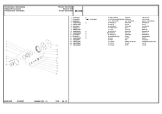 E124Z007
063281N2D
022638N1
1
2
3
4
5
6
7
8
9
10
11
12
13
14
15
16
17
377424X1
023404N1
022638N1
1866545M2
1867423M1
353434X1
362684X1
1866557M1
1866542M1
1866553M2
023406R1
023405P1
1866538M2
180409M1
1865530M1
1867425M1
1867426M1
1
1
1
2
1
3
4
1
6
96
3
3
3
2
1
1
1
3
3
3
3
3
3
3
3
CIRCLIP CIRCULITO
CARRIER PORTADOR
KIT, CARRIER JUEGO PORTADOR
WASHER ARANDELA
PLATE PLATO
WASHER ARANDELA
BOLT PERNO
SLEEVE MANCHA
WASHER ARANDELA
ROLLER RODILLO
WASHER ARANDELA
GEAR ENGRANAJE
SHAFT ARBOL
PIN PASADOR
ANNULAR GEAR ENGRANAJE ANULAR
PLATE PLATO
SHIM CALCE
ANEL TRAVA
PORTA ENGRENAGEM
CJ. REDUTOR
ARRUELA
PLACA
ARRUELA
PARAFUSO
LUVA
ARRUELA
ROLETE
ARRUELA
ENGRENAGEM
EIXO
PINO
COROA
PLACA
CALÇO
C026502 E03 12/05
(1)
25 410
Redutor Epicicloidal
Epicyclic Unit
Unidad Epicicloidal
Transmissão 8 Velocidades
8 Speed Transmission
Transmision 8 Velocidades
25 410
-
Menu Símbolos
 