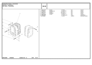 7/16x20
7/16x20x2.3/4
7/16x20
7/16x20x2"
7/16x20
EE88Z005
3589418M91
1
2
3
4
5
6
7
3589412M1
377563X1
3589412M1
377561X1
3589412M1
3589429M1
521181M1
3
3
10
10
3
3
1
NUT TUERCA
BOLT PERNO
NUT TUERCA
BOLT PERNO
NUT TUERCA
STUD ESPARRAGO
GASKET EMPAQUETADURA.
PORCA
PARAFUSO
PORCA
PARAFUSO
PORCA
PRISIONEIRO
JUNTA
C026502 E03 12/05
(1)
30 20
Fixação Eixo Traseiro - Transmissão
Rear Axle - Transmission
Eje Trasero - Transmissión
30 20
-
Menu Símbolos
 