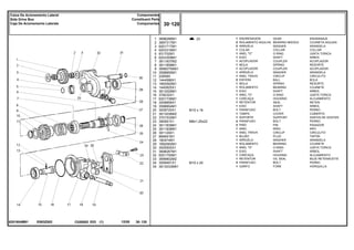 M10 x 16
M8x1,25x22
M10 x 20
E093Z002
6201604M91
23
1
2
3
4
5
6
7
8
9
10
11
12
13
14
15
16
17
18
19
20
21
22
23
24
25
26
27
28
29
30
31
32
33
34
35
3698286M1
3697317M1
6201717M1
6203316M1
831702M1
6203309M1
3611837M2
3611858M1
3698275M91
3598855M1
22608X
1444586X1
1693592M1
1440825X1
3613029M1
378232X1
6201736M1
3009856X1
3598854M1
3009720X1
3613036M2
3701532M1
390991X1
3611839M1
3611838M1
391129X1
884691M1
180474M1
1692582M1
3005500X1
3698287M1
6201750M1
3699802M2
3009491X1
3613033M91
1
2
2
1
1
1
1
1
1
1
1
2
1
1
1
1
1
1
1
1
1
1
4
3
1
1
1
1
1
1
1
1
1
3
1
GEAR ENGRANAJE
BEARING NEEDLE COJINETA AGUJAS
WASHER ARANDELA
COLLAR COLLAR
O RING JUNTA TORICA
SHAFT ARBOL
COUPLER ACOPLADOR
SPRING RESORTE
COUPLER ACOPLADOR
WASHER ARANDELA
CIRCLIP CIRCULITO
BALL BOLA
SPRING RESORTE
BEARING COJINETE
SHAFT ARBOL
O RING JUNTA TORICA
HOUSING ALOJAMIENTO
SEAL RETEN
SHAFT ARBOL
BOLT PERNO
COVER CUBIERTA
SUPPORT DISPOS.DE SOSTEN
BOLT PERNO
PIN PASADOR
RING ARO
CIRCLIP CIRCULITO
PLUG TAPON
WASHER ARANDELA
BEARING COJINETE
O RING JUNTA TORICA
SHAFT ARBOL
HOUSING ALOJAMIENTO
OIL SEAL BUJE RETENACEITE
BOLT PERNO
FORK HORQUILLA
ENGRENAGEM
ROLAMENTO AGULHA
ARRUELA
COLAR
ANEL "O"
EIXO
ACOPLADOR
MOLA
ACOPLADOR
ARRUELA
ANEL TRAVA
ESFERA
MOLA
ROLAMENTO
EIXO
ANEL "O"
CARCAÇA
RETENTOR
EIXO
PARAFUSO
TAMPA
SUPORTE
PARAFUSO
PINO
ANEL
ANEL TRAVA
BUJÃO
ARRUELA
ROLAMENTO
ANEL "O"
EIXO
CARCAÇA
RETENTOR
PARAFUSO
GARFO
C026502 E03 12/05
(1)
30 120
Componentes
Constituent Parts
Componentes
Caixa De Acionemento Lateral
Side Drive Box
Caja De Acionemento Laterale
30 120
-
Menu Símbolos
 