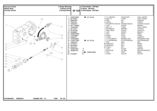 EB62Z010
T0210003ADV
30-130 No
30-135 No
3599003M92
1
2
3
4
5
6
7
8
9
10
12
13
14
15
16
17
18
19
20
21
22
25
26
3585579M91
851258M1
898643M1
353916X1
195453M1
3611134M93
1004633M1
391162X1
831581M2
532898M1
3599003M92
3149348M1
035678T1
1850909M91
3146477M93
196097M1
377622X1
899199M1
353437X1
3599002M3
3699801M1
072295P1
1
2
2
4
1
1
1
1
1
1
1
2
1
1
1
1
16
6
14
1
1
1
1
6
6
12
12
HOUSE ASSY CONJ. CARTER
O RING JUNTA TORICA
PIN PASADOR
NUT TUERCA
BEARING NEEDLE COJINETA AGUJAS
SLEEVE MANCHA
O RING JUNTA TORICA
BEARING COJINETE
CIRCLIP CIRCULITO
SLEEVE MANCHA
SHAFT ARBOL
PLATE CHAPA
COVER CUBIERTA
BEARING ASSY RODAMIENTO RAD
KIT,DIFFERENTIAL JGO.DIFERENCIAL.
RING ARO
BOLT PERNO
BOLT PERNO
NUT TUERCA
SLEEVE MANCHA
OIL SEAL BUJE RETENACEITE
SHAFT ARBOL
COLLAR COLLAR
CJ. CARCAÇA
ANEL "O"
PINO
PORCA
ROLAMENTO AGULHA
LUVA
ANEL "O"
ROLAMENTO
ANEL TRAVA
LUVA
EIXO
CHAPA
TAMPA
CJ. ROLAMENTO
CJ. DIFERENCIAL
ANEL
PARAFUSO
PARAFUSO
PORCA
LUVA
RETENTOR
EIXO
COLAR
C026502 E03 12/05
(1)
8 Velocidades - 540 Rpm
8 Speed - 540 Rpm
8 Velocidades - 540 Rpm
30 125
2 Rodas Motrizes
2 Wheels Drive
2 Ruedas Motriz
Carcaça Central
Middle Body
Carcaza Central
30 125
-
Menu Símbolos
 