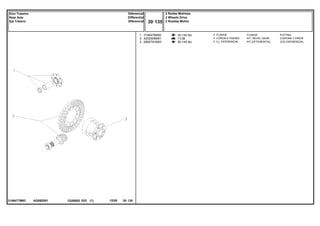 AG09Z001
3146477M93
30-140 No
11/38
30-145 No
1
2
3
3146478M92
4200006M91
2800791M93
1
1
1
FLANGE PLETINA
KIT, BEVEL GEAR CORONA Y PINON
KIT,DIFFERENTIAL JGO.DIFERENCIAL.
FLANGE
COROA E PINHÃO
CJ. DIFERENCIAL
C026502 E03 12/05
(1)
2 Rodas Motrizes
2 Wheels Drive
2 Ruedas Motriz
30 135
Diferencial
Differential
Diferencial
Eixo Traseiro
Rear Axle
Eje Trasero
30 135
-
Menu Símbolos
 