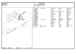 EB59Z068
T0210004ADV
30-130 No
30-155 No
3599003M92
1
2
3
4
5
6
7
8
9
10
12
13
14
15
16
17
18
19
20
21
22
23
26
27
3585579M91
851258M1
898643M1
353916X1
195453M1
3611134M93
1004633M1
391162X1
831581M2
532898M1
3149348M1
3599003M92
035678T1
1850909M91
035426N1
834733M1
196097M1
377622X1
899199M1
353437X1
3599002M3
3699801M1
072295P1
1
2
2
4
1
1
1
1
1
1
2
1
1
1
1
1
1
8
6
14
1
1
1
1
6
6
13
13
HOUSE ASSY CONJ. CARTER
O RING JUNTA TORICA
PIN PASADOR
NUT TUERCA
BEARING NEEDLE COJINETA AGUJAS
SLEEVE MANCHA
O RING JUNTA TORICA
BEARING COJINETE
CIRCLIP CIRCULITO
SLEEVE MANCHA
PLATE CHAPA
SHAFT ARBOL
COVER CUBIERTA
BEARING ASSY RODAMIENTO RAD
DIFFERENTIAL DIFERENCIAL
BEARING COJINETE
RING ARO
BOLT PERNO
BOLT PERNO
NUT TUERCA
SLEEVE MANCHA
OIL SEAL BUJE RETENACEITE
SHAFT ARBOL
COLLAR COLLAR
CJ. CARCAÇA
ANEL "O"
PINO
PORCA
ROLAMENTO AGULHA
LUVA
ANEL "O"
ROLAMENTO
ANEL TRAVA
LUVA
CHAPA
EIXO
TAMPA
CJ. ROLAMENTO
DIFERENCIAL
ROLAMENTO
ANEL
PARAFUSO
PARAFUSO
PORCA
LUVA
RETENTOR
EIXO
COLAR
C026502 E03 12/05
(1)
Tração Central
Central Traction
Tracción Central
30 150
Carcaça Central
Middle Body
Carcaza Central
30 150
-
Menu Símbolos
 