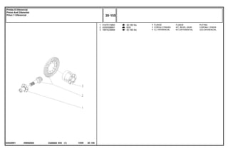 EB80Z004
035426N1
30-160 No
9/35
30-165 No
1
2
3
3147511M93
4200008M91
1481423M94
1
1
1
FLANGE PLETINA
KIT, BEVEL GEAR CORONA Y PINON
KIT,DIFFERENTIAL JGO.DIFERENCIAL.
FLANGE
COROA E PINHÃO
CJ. DIFERENCIAL
C026502 E03 12/05
(1)
30 155
Pinhão E Diferencial
Pinion And Diferential
Piñon Y Diferencial
30 155
-
Menu Símbolos
 