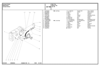 EB59Z024
T0210019
30-70 No
30-135 No
1
2
3
4
5
6
7
8
9
10
11
12
13
14
15
16
17
024304N2
851258M1
898643M1
353916X1
181217M1
489190M1
353698X1
899199M1
1850909M91
3146477M93
834733M1
196097M1
488253M4
353723X1
488254M2
377622X1
353437X1
1
2
2
4
1
1
6
6
1
1
1
1
1
4
1
8
30
HOUSE ASSY CONJ. CARTER
O RING JUNTA TORICA
PIN PASADOR
NUT TUERCA
GASKET EMPAQUETADURA.
COVER CUBIERTA
BOLT PERNO
BOLT PERNO
BEARING ASSY RODAMIENTO RAD
KIT,DIFFERENTIAL JGO.DIFERENCIAL.
BEARING COJINETE
RING ARO
COVER CUBIERTA
BOLT PERNO
GASKET EMPAQUETADURA.
BOLT PERNO
NUT TUERCA
CJ. CARCAÇA
ANEL "O"
PINO
PORCA
JUNTA
TAMPA
PARAFUSO
PARAFUSO
CJ. ROLAMENTO
CJ. DIFERENCIAL
ROLAMENTO
ANEL
TAMPA
PARAFUSO
JUNTA
PARAFUSO
PORCA
C026502 E03 12/05
(1)
Sem Tdp
Without Tdp
Sin Tdf
30 185
Carcaça Central
Middle Body
Carcaza Central
30 185
-
Menu Símbolos
 