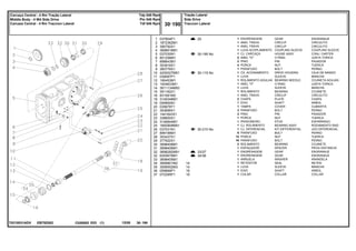 EB75Z002
T0210031ADV
25
30-195 No
30-115 No
30-210 No
33/37
34/38
1
2
3
4
5
6
7
8
9
10
11
12
13
14
15
16
18
19
20
21
22
23
24
25
26
27
28
29
30
31
32
32
33
34
35
36
37
037804P1
1872362M1
390792X1
3698518M1
037030N1
851258M1
898643M1
353916X1
360776X1
4200027M91
039087P1
195453M1
1004633M1
3611134M93
391162X1
831581M2
3149348M1
059900N1
035678T1
353699X1
1441643X1
338600X1
3146844M1
1850909M91
037031N1
899199M1
353437X1
377622X1
3698408M1
3698406M1
3698282M91
6200678M1
3698405M1
3699801M2
3599002M3
059899P1
072295P1
1
1
1
1
1
2
2
4
1
1
1
1
1
1
1
1
2
1
1
3
2
1
1
1
1
6
14
16
2
1
1
1
1
1
1
1
1
14
14
19
19
GEAR ENGRANAJE
CIRCLIP CIRCULITO
CIRCLIP CIRCULITO
COUPLING SLEEVE COUPLING SLEEVE
HOUSE ASSY CONJ. CARTER
O RING JUNTA TORICA
PIN PASADOR
NUT TUERCA
BOLT PERNO
DRIVE HOUSING CAJA DE MANDO
SLEEVE MANCHA
BEARING NEEDLE COJINETA AGUJAS
O RING JUNTA TORICA
SLEEVE MANCHA
BEARING COJINETE
CIRCLIP CIRCULITO
PLATE CHAPA
SHAFT ARBOL
COVER CUBIERTA
BOLT PERNO
PIN PASADOR
NUT TUERCA
STUD ESPARRAGO
BEARING ASSY RODAMIENTO RAD
KIT,DIFFERENTIAL JGO.DIFERENCIAL.
BOLT PERNO
NUT TUERCA
BOLT PERNO
BEARING COJINETE
SPACER PIEZA DISTANCIA
GEAR ENGRANAJE
GEAR ENGRANAJE
WASHER ARANDELA
SEAL RETEN
SLEEVE MANCHA
SHAFT ARBOL
COLLAR COLLAR
ENGRENAGEM
ANEL TRAVA
ANEL TRAVA
LUVA ACOPLAMENTO
CJ. CARCAÇA
ANEL "O"
PINO
PORCA
PARAFUSO
CX. ACIONAMENTO
LUVA
ROLAMENTO AGULHA
ANEL "O"
LUVA
ROLAMENTO
ANEL TRAVA
CHAPA
EIXO
TAMPA
PARAFUSO
PINO
PORCA
PRISIONEIRO
CJ. ROLAMENTO
CJ. DIFERENCIAL
PARAFUSO
PORCA
PARAFUSO
ROLAMENTO
ESPAÇADOR
ENGRENAGEM
ENGRENAGEM
ARRUELA
RETENTOR
LUVA
EIXO
COLAR
C026502 E03 12/05
(1)
Tração Lateral
Side Drive
Traccion Lateral
30 190
Tdp 540 Rpm
Pto 540 Rpm
Tdf 540 Rpm
Carcaça Central - 4 Rm Tração Lateral
Middle Body - 4 Wd Side Drive
Carcaza Central - 4 Rm Traccion Lateral
30 190
-
Menu Símbolos
 