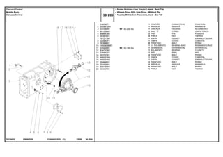 EB59Z029
T0210032
30-205 No
30-155 No
1
2
3
4
5
6
7
8
9
10
11
12
13
14
15
16
17
18
19
20
036590T1
3409613M1
037084N1
851258M1
898643M1
353916X1
181217M1
022942P1
353698X1
1850909M91
035426N1
834733M1
336442X1
353723X1
488253M4
488254M2
354648X1
353439X1
899199M1
353437X1
1
1
1
2
2
4
1
1
6
1
1
1
1
4
1
1
2
2
6
14
CONNECTION CONEXION
WASHER ARANDELA
HOUSING ALOJAMIENTO
O RING JUNTA TORICA
PIN PASADOR
NUT TUERCA
GASKET EMPAQUETADURA.
COVER CUBIERTA
BOLT PERNO
BEARING ASSY RODAMIENTO RAD
DIFFERENTIAL DIFERENCIAL
BEARING COJINETE
RING ARO
BOLT PERNO
COVER CUBIERTA
GASKET EMPAQUETADURA.
BOLT PERNO
WASHER ARANDELA
BOLT PERNO
NUT TUERCA
CONEXÃO
ARRUELA
CARCAÇA
ANEL "O"
PINO
PORCA
JUNTA
TAMPA
PARAFUSO
CJ. ROLAMENTO
DIFERENCIAL
ROLAMENTO
ANEL
PARAFUSO
TAMPA
JUNTA
PARAFUSO
ARRUELA
PARAFUSO
PORCA
C026502 E03 12/05
(1)
4 Rodas Motrizes Com Tração Lateral - Sem Tdp
4 Wheels Drive With Side Drive - Without Pto
4 Ruedas Motriz Con Traccion Lateral - Sin Tdf
30 200
Carcaça Central
Middle Body
Carcaza Central
30 200
-
Menu Símbolos
 