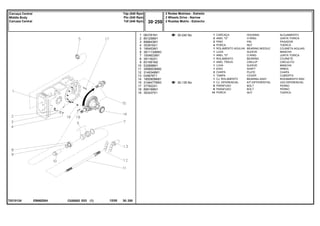 EB66Z004
T0210124
30-240 No
30-135 No
1
2
3
4
5
6
7
8
9
10
11
12
13
14
15
17
18
19
063781N1
851258M1
898643M1
353916X1
195453M1
3611134M93
1004633M1
391162X1
831581M2
532898M1
3599003M92
3149348M1
035678T1
1850909M91
3146477M93
377622X1
899199M1
353437X1
1
2
2
4
1
1
1
1
1
1
1
2
1
1
1
8
6
14
HOUSING ALOJAMIENTO
O RING JUNTA TORICA
PIN PASADOR
NUT TUERCA
BEARING NEEDLE COJINETA AGUJAS
SLEEVE MANCHA
O RING JUNTA TORICA
BEARING COJINETE
CIRCLIP CIRCULITO
SLEEVE MANCHA
SHAFT ARBOL
PLATE CHAPA
COVER CUBIERTA
BEARING ASSY RODAMIENTO RAD
KIT,DIFFERENTIAL JGO.DIFERENCIAL.
BOLT PERNO
BOLT PERNO
NUT TUERCA
CARCAÇA
ANEL "O"
PINO
PORCA
ROLAMENTO AGULHA
LUVA
ANEL "O"
ROLAMENTO
ANEL TRAVA
LUVA
EIXO
CHAPA
TAMPA
CJ. ROLAMENTO
CJ. DIFERENCIAL
PARAFUSO
PARAFUSO
PORCA
C026502 E03 12/05
(1)
2 Rodas Motrizes - Estreito
2 Wheels Drive - Narrow
2 Ruedas Motriz - Estrecho
30 250
Tdp (540 Rpm)
Pto (540 Rpm)
Tdf (540 Rpm)
Carcaça Central
Middle Body
Carcaza Central
30 250
-
Menu Símbolos
 
