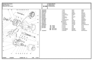 EC63Z001
T0260003
0.05MM
0.10MM
0.15MM
1881931M91
1881931M91
42
43
44
45
46
47
48
49
50
51
52
53
54
55
56
57
58
58
58
59
60
61
1864763M1
1860956M1
3699971M1
184171M1
052765P1
354059X1
363459X1
353434X1
362455X1
1865003M1
894769M1
184196M1
184742M1
184441M1
894867M1
1860954M1
894757M1
894758M1
894759M1
182099M91
1
2
2
2
2
2
2
4
4
2
6
6
348
8
4
2
X
X
X
2
2
2
SHAFT ARBOL
SHAFT ARBOL
STRAP FAJA
SPRING RESORTE
BRACKET SOPORTE
DOWEL CENTRAJE
PIN PASADOR
WASHER ARANDELA
BOLT PERNO
PIN PASADOR
GEAR ENGRANAJE
WASHER ARANDELA
ROLLER RODILLO
WASHER ARANDELA
WASHER ARANDELA
OIL SEAL BUJE RETENACEITE
SHIM CALCE
SHIM CALCE
SHIM CALCE
BEARING COJINETE
BEARING COJINETE
BREATHER RESPIRADERO
EIXO
EIXO
ALÇA
MOLA
SUPORTE
CONTRAPINO
PINO
ARRUELA
PARAFUSO
PINO
ENGRENAGEM
ARRUELA
ROLETE
ARRUELA
ARRUELA
RETENTOR
CALÇO
CALÇO
CALÇO
ROLAMENTO
ROLAMENTO
RESPIRO
C026502 E03 12/05
(1)
2 Rodas Motrizes
2 Wheels Drive
2 Ruedas Motriz
30 285
Redução Final Traseira
Rear Final Drive
Reduccion Final Trasera
30 285
-
Menu Símbolos
 