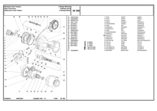 N067Z001
T0260023
0.05MM
0.10MM
0.15MM
1881931M91
1881931M91
42
43
44
45
47
48
49
50
51
52
53
54
55
56
57
58
58
58
59
60
61
1864763M1
1860956M1
3699971M1
184171M1
354059X1
363459X1
353434X1
362455X1
1865003M1
894769M1
184196M1
184742M1
184441M1
894867M1
1860954M1
894757M1
894758M1
894759M1
182099M91
1
2
2
2
2
2
4
4
2
6
6
348
8
4
2
X
X
X
2
2
2
SHAFT ARBOL
SHAFT ARBOL
STRAP FAJA
SPRING RESORTE
DOWEL CENTRAJE
PIN PASADOR
WASHER ARANDELA
BOLT PERNO
PIN PASADOR
GEAR ENGRANAJE
WASHER ARANDELA
ROLLER RODILLO
WASHER ARANDELA
WASHER ARANDELA
OIL SEAL BUJE RETENACEITE
SHIM CALCE
SHIM CALCE
SHIM CALCE
BEARING COJINETE
BEARING COJINETE
BREATHER RESPIRADERO
EIXO
EIXO
ALÇA
MOLA
CONTRAPINO
PINO
ARRUELA
PARAFUSO
PINO
ENGRENAGEM
ARRUELA
ROLETE
ARRUELA
ARRUELA
RETENTOR
CALÇO
CALÇO
CALÇO
ROLAMENTO
ROLAMENTO
RESPIRO
C026502 E03 12/05
(1)
30 300
4 Rodas Motrizes
4 Wheels Drive
4 Ruedas Motriz
Redução Final Traseira
Rear Final Drive
Reduccion Final Trasera
30 300
-
Menu Símbolos
 