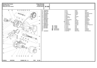 N067Z003
T0260024
0.05MM
0.10MM
0.15MM
1881931M91
1881931M91
43
44
45
46
47
48
49
50
51
52
53
54
55
56
57
58
58
58
59
60
61
1860956M1
3699971M1
184171M1
1860960M2
354059X1
363459X1
353434X1
362455X1
1865003M1
894769M1
184196M1
184742M1
184441M1
894867M1
1860954M1
894757M1
894758M1
894759M1
182099M91
2
2
2
2
2
2
4
4
2
6
6
348
8
4
2
X
X
X
2
2
2
SHAFT ARBOL
STRAP FAJA
SPRING RESORTE
GASKET EMPAQUETADURA.
DOWEL CENTRAJE
PIN PASADOR
WASHER ARANDELA
BOLT PERNO
PIN PASADOR
GEAR ENGRANAJE
WASHER ARANDELA
ROLLER RODILLO
WASHER ARANDELA
WASHER ARANDELA
OIL SEAL BUJE RETENACEITE
SHIM CALCE
SHIM CALCE
SHIM CALCE
BEARING COJINETE
BEARING COJINETE
BREATHER RESPIRADERO
EIXO
ALÇA
MOLA
JUNTA
CONTRAPINO
PINO
ARRUELA
PARAFUSO
PINO
ENGRENAGEM
ARRUELA
ROLETE
ARRUELA
ARRUELA
RETENTOR
CALÇO
CALÇO
CALÇO
ROLAMENTO
ROLAMENTO
RESPIRO
C026502 E03 12/05
(1)
30 305
4 Rodas Motrizes
4 Wheels Drive
4 Ruedas Motriz
Redução Final Traseira
Rear Final Drive
Reduccion Final Trasera
30 305
-
Menu Símbolos
 