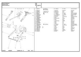 ADVANCED
7/16X14X1.1/8
1/2X13X1.3/8
N052Z001
21482519
40-95 No
40-80 No
1
2
3
4
5
5
6
7
8
9
10
11
12
13
14
15
16
17
18
19
20
21
24
25
26
29
060679T1
059367S1
353699X1
354277X1
060682T1
060683T1
3148840M91
490481M1
354092X1
1482939M91
354068X1
893568M1
1863393M93
354068X1
893567M1
810285M92
035777P1
1660050M94
354089X1
1481712M1
1863391M3
1860913M1
055517R1
055516R1
353775X1
353435X1
2
1
2
4
1
1
2
2
2
2
2
2
1
1
1
1
1
1
2
2
1
2
2
2
4
2
12
12
KIT, ARM JUEGO DE BRAZO
BRACKET SOPORTE
BOLT PERNO
BOLT PERNO
KIT, ARM JUEGO DE BRAZO
KIT, ARM JUEGO DE BRAZO
KIT, CHAIN CADENA JUEGO
BOLT PERNO
COTTER PIN PASADOR DOUBLE
PIN PASADOR
DOWEL CENTRAJE
PIN PASADOR
BEAM VIGA
DOWEL CENTRAJE
PIN PASADOR
PIN PASADOR
PIN PASADOR
KIT, ARM JUEGO DE BRAZO
COTTER PIN PASADOR DOUBLE
PIN PASADOR
BEAM VIGA
BUSH CASQUILLO
PIN PASADOR
GUIDE GUIA
WASHER ARANDELA
NUT TUERCA
CJ. BRAÇO
SUPORTE
PARAFUSO
PARAFUSO
CJ. BRAÇO
CJ. BRAÇO
CJ. CORRENTE
PARAFUSO
CUPILHA
PINO
CONTRAPINO
PINO
VIGA
CONTRAPINO
PINO
PINO
PINO
CJ. BRAÇO
CUPILHA
PINO
VIGA
BUCHA
PINO
GUIA
ARRUELA
PORCA
C026502 E03 12/05
(1)
40 70
Hd
Hd
Hd
Braços Hidráulicos
Hydraulic Arms
Brazos Hidráulicos
40 70
-
Menu Símbolos
 