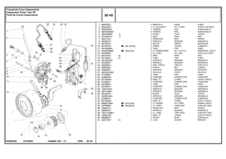 E218Z001
T0285035A
50-135 No
50-20 No
50-30 No
50-25 No
1
2
3
4
5
6
7
8
9
10
11
12
13
14
15
16
17
18
19
20
21
22
23
24
25
26
27
28
29
30
31
32
33
34
35
36
37
38
39
40
41
068078P1
063423N1
358720X91
3697609M91
3697608M1
3019397X1
353714X1
390597X1
061932P1
061927N1
3610929M1
4200050M91
042256N1
391076X1
051384S1
3613267M1
037656P1
352699X1
355830X1
026955P1
3401801M91
071659P1
039605N1
831452M1
037659T1
037566P1
037567P1
1440702X1
3007188X1
061987P1
3409614M1
035828T1
831452M1
886821M94
037559N1
339081X1
390597X1
1872170M91
195561M1
068966P1
039719P1
1
1
1
1
1
1
1
1
1
1
1
1
1
1
1
1
1
1
1
1
1
1
2
2
1
1
1
1
1
1
1
1
1
1
1
1
1
1
1
1
1
4
4
13
13
13
KNOB POMO
KIT, LEVER JUEGO, PALANCA
PAD ALMOHADILLA
PAD ALMOHADILLA
PLUG TAPON
RING ARO
BOLT PERNO
WASHER ARANDELA
INSERT INSERCION
COVER CUBIERTA
PIPE CANO
KIT, CLUTCH EMBRAGUE JUEGO
KIT, HUB JUEGO DE CUBO
RING ARO
HUB CUBO
WASHER ARANDELA
WASHER ARANDELA
CIRCLIP CIRCULITO
NUT TUERCA
BRACKET SOPORTE
VALVE VALVULA
PIPE CANO
CONNECTION CONEXION
O RING JUNTA TORICA
CONNECTION CONEXION
PIPE CANO
CONNECTION CONEXION
WASHER ARANDELA
WASHER ARANDELA
PLUG TAPON
WASHER ARANDELA
CONNECTION CONEXION
O RING JUNTA TORICA
KIT, PUMP BOMBA JUEGO
TUBE ASSY CONJ.DE TUBO
BOLT PERNO
WASHER ARANDELA
TUBE ASSY CONJ.DE TUBO
O RING JUNTA TORICA
BUSH CASQUILLO
SLEEVE MANCHA
MANÍPULO
CJ. ALAVANCA
TAMPÃO
TAMPÃO
BUJÃO
ANEL
PARAFUSO
ARRUELA
BUCHA
TAMPA
TUBO
CJ. EMBREAGEM
CJ. CUBO
ANEL
CUBO
ARRUELA
ARRUELA
ANEL TRAVA
PORCA
SUPORTE
VÁLVULA
TUBO
CONEXÃO
ANEL "O"
CONEXÃO
TUBO
CONEXÃO
ARRUELA
ARRUELA
BUJÃO
ARRUELA
CONEXÃO
ANEL "O"
CJ. BOMBA
CJ. TUBO
PARAFUSO
ARRUELA
CJ. TUBO
ANEL "O"
BUCHA
LUVA
C026502 E03 12/05
(1)
50 45
Tomada De Força Independente
Independent Power Take Off
Toma De Fuerza Independente
50 45
-
Menu Símbolos
 