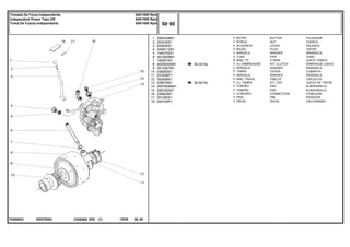 EE57Z003
T0285022
50-20 No
50-85 No
1
2
3
4
5
6
7
8
9
10
11
12
13
14
15
16
17
18
3585348M1
353430X1
045000S1
3409712M1
1440702X1
3610929M1
195561M1
4200050M91
3613267M1
038083S1
037656P1
352699X1
038578N1
3697609M91
358720X91
039605N1
391290X1
049100P1
1
1
1
1
1
1
2
1
1
1
1
1
1
1
1
1
1
1
BUTTON PULSADOR
NUT TUERCA
LEVER PALANCA
PLUG TAPON
WASHER ARANDELA
PIPE CANO
O RING JUNTA TORICA
KIT, CLUTCH EMBRAGUE JUEGO
WASHER ARANDELA
COVER CUBIERTA
WASHER ARANDELA
CIRCLIP CIRCULITO
KIT, CAP JUEGO DE TAPON
PAD ALMOHADILLA
PAD ALMOHADILLA
CONNECTION CONEXION
PIN PASADOR
DECAL CALCOMANIA
BOTÃO
PORCA
ALAVANCA
BUJÃO
ARRUELA
TUBO
ANEL "O"
CJ. EMBREAGEM
ARRUELA
TAMPA
ARRUELA
ANEL TRAVA
CJ. TAMPA
TAMPÃO
TAMPÃO
CONEXÃO
PINO
DECAL
C026502 E03 12/05
(1)
50 80
540/1000 Rpm
540/1000 Rpm
540/1000 Rpm
Tomada De Força Independente
Independent Power Take Off
Toma De Fuerza Independente
50 80
-
Menu Símbolos
 