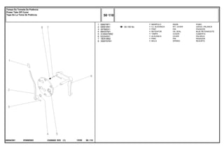 ED69Z002
060043N1
50-155 No
1
2
3
4
5
6
7
8
068078P1
069516N1
357660X1
894307M1
3149447M92
022245S1
180418M2
3585797M1
1
1
1
1
1
1
1
1
KNOB POMO
KIT, LEVER JUEGO, PALANCA
PIN PASADOR
OIL SEAL BUJE RETENACEITE
COVER CUBIERTA
LEVER PALANCA
PIN PASADOR
SPRING RESORTE
MANÍPULO
CJ. ALAVANCA
PINO
RETENTOR
TAMPA
ALAVANCA
PINO
MOLA
C026502 E03 12/05
(1)
50 110
Tampa Da Tomada De Potência
Power Take Off Cover
Tapa De La Toma De Potência
50 110
-
Menu Símbolos
 