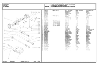 AJ01Z003
T0214056
60-105 No
60-225 No
0.73/0.67MM
0.92/0.87MM
1,04/0.99MM
1.17/1.12MM
1.30/1.25MM
1
2
3
4
5
6
7
8
9
10
11
11
11
11
11
12
13
14
15
16
17
18
19
20
21
22
23
24
25
26
27
28
29
30
31
32
33
34
35
036917T1
339124X1
353446X1
036903P1
036911P1
057380T1
353431X1
353540X1
391120X1
898017M2
898018M2
898019M2
898020M2
882868M2
882869M2
042735P1
033992P1
195414M1
050181P1
1441271X1
1688236M93
490804M1
338623X1
355566X1
353434X1
036838S1
354264X1
353756X1
354059X1
353677X1
353446X1
037041P1
366195X1
184174M91
353430X1
3410152M1
181142M1
037045T1
832813M1
1
2
2
1
1
1
8
4
1
2
X
X
X
X
X
1
1
1
1
1
2
2
2
1
1
1
1
1
1
2
2
1
1
1
1
1
1
1
1
FRONT AXLE ASSY CONJ. EJE DELANT
BOLT PERNO
WASHER ARANDELA
SHIELD BLINDAJE
PIPE CANO
KIT, AXLE JUEGO DE EJE
NUT TUERCA
BOLT PERNO
BOLT PERNO
SHIM CALCE
SHIM CALCE
SHIM CALCE
SHIM CALCE
SHIM CALCE
SHIM CALCE
PIN PASADOR
PIN PASADOR
CRAMP PASADOR
SUPPORT DISPOS.DE SOSTEN
O RING JUNTA TORICA
GUARD DEFENSA
CLAMP ABRAZADERA
CLAMP ABRAZADERA
NUT TUERCA
WASHER ARANDELA
LEVER PALANCA
BOLT PERNO
WASHER ARANDELA
DOWEL CENTRAJE
BOLT PERNO
WASHER ARANDELA
BRACKET SOPORTE
GROMMET PASACABLE
ROD VARILLA
NUT TUERCA
KNOB POMO
WASHER ARANDELA
PLUG TAPON
PIN PASADOR
CJ. EIXO DIANT.
PARAFUSO
ARRUELA
BLINDAGEM
TUBO
CJ. EIXO
PORCA
PARAFUSO
PARAFUSO
CALÇO
CALÇO
CALÇO
CALÇO
CALÇO
CALÇO
PINO
PINO
GRAMPO
SUPORTE
ANEL "O"
PROTEÇÃO
BRAÇADEIRA
BRAÇADEIRA
PORCA
ARRUELA
ALAVANCA
PARAFUSO
ARRUELA
CONTRAPINO
PARAFUSO
ARRUELA
SUPORTE
PASSA-FIO
TIRANTE
PORCA
MANÍPULO
ARRUELA
BUJÃO
PINO
C026502 E03 12/05
(1)
4 Rodas Motrizes Estreito Com Redutor De Velocidade
4 Wheels Drive Narrow With Creeper
4 Ruedas Motriz Estrecho Con Reducción De Velocidad
60 95
Eixo Dianteiro
Front Axle
Eje Delantero
60 95
-
Menu Símbolos
 