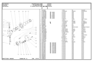 N083Z021
036917T1CADV
0,6 MM
1,0 MM
1,4 MM
0,4 MM
0,8 MM
0,2 MM
0,3 MM
10,000 MM
10,025 MM
10,050 MM
10,075 MM
10,100 MM
10,125 MM
10,150 MM
10,175 MM
10,200 MM
10,225 MM
10,250 MM
1
2
3
3
3
3
3
3
3
4
5
6
7
8
9
10
11
12
13
14
15
16
17
18
19
20
21
22
23
24
25
26
27
28
28
28
28
28
28
28
28
28
28
28
28
28
28
28
28
28
033725R1
3176390M1
3176313M1
3176314M1
3176315M1
3176319M1
3176320M1
3588106M1
3588107M1
033721R1
033722R1
040665R1
033726R1
033727R1
033608R1
040689R1
3588113M1
033616R1
033621R1
3587936M1
3176341M1
3587938M1
3587932M91
3176339M1
3176347M1
3176364M1
3176345M1
3176350M1
3176351M1
3176333M1
033617R1
3176349M1
033615P1
033771R1
033772R1
033773R1
033774R1
033775R1
033776R1
033777R1
033778R1
033779R1
033780R1
033781R1
040677R1
040678R1
040679R1
040680R1
040681R1
040682R1
4
4
X
X
X
X
X
X
X
4
4
4
1
1
2
2
12
2
2
6
6
12
6
2
4
2
2
16
16
4
2
16
4
X
X
X
X
X
X
X
X
X
X
X
X
X
X
X
X
X
PIN PASADOR
GREASER ENGRASADOR
SHIM CALCE
SHIM CALCE
SHIM CALCE
SHIM CALCE
SHIM CALCE
SHIM CALCE
SHIM CALCE
O RING JUNTA TORICA
CAP TAPA
BEARING COJINETE
HOUSING ALOJAMIENTO
HOUSING ALOJAMIENTO
NUT TUERCA
BOLT PERNO
BOLT PERNO
ANNULAR GEAR ENGRANAJE ANULAR
NUT TUERCA
CIRCLIP CIRCULITO
BEARING COJINETE
CIRCLIP CIRCULITO
GEAR ENGRANAJE
HUB CUBO
BOLT PERNO
O RING JUNTA TORICA
PLUG TAPON
WASHER ARANDELA
NUT TUERCA
BOLT PERNO
PLATE PLATO
BOLT PERNO
BEARING COJINETE
SHIM CALCE
SHIM CALCE
SHIM CALCE
SHIM CALCE
SHIM CALCE
SHIM CALCE
SHIM CALCE
SHIM CALCE
SHIM CALCE
SHIM CALCE
SHIM CALCE
SHIM CALCE
SHIM CALCE
SHIM CALCE
SHIM CALCE
SHIM CALCE
SHIM CALCE
PINO
GRAXEIRA
CALÇO
CALÇO
CALÇO
CALÇO
CALÇO
CALÇO
CALÇO
ANEL "O"
CAPA
ROLAMENTO
CARCAÇA
CARCAÇA
PORCA
PARAFUSO
PARAFUSO
COROA
PORCA
ANEL TRAVA
ROLAMENTO
ANEL TRAVA
ENGRENAGEM
CUBO
PARAFUSO
ANEL "O"
BUJÃO
ARRUELA
PORCA
PARAFUSO
PLACA
PARAFUSO
ROLAMENTO
CALÇO
CALÇO
CALÇO
CALÇO
CALÇO
CALÇO
CALÇO
CALÇO
CALÇO
CALÇO
CALÇO
CALÇO
CALÇO
CALÇO
CALÇO
CALÇO
CALÇO
C026502 E03 12/05
(1)
Estreito
Narrow
Estrecho
60 120
Zf-Apl335-Tração Lateral
Zf - Apl335-Side Drive
Zf - Apl335-Traccion Lateral
Eixo Dianteiro
Front Axle
Eje Delantero
60 120
-
Menu Símbolos
 