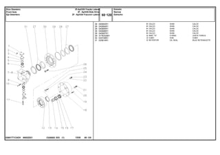 N083Z021
036917T1CADV
28
28
28
28
28
29
30
31
040683R1
040684R1
040685R1
040686R1
040687R1
3176332M1
033728R1
033614R1
X
X
X
X
X
2
2
2
SHIM CALCE
SHIM CALCE
SHIM CALCE
SHIM CALCE
SHIM CALCE
O RING JUNTA TORICA
HUB CUBO
OIL SEAL BUJE RETENACEITE
CALÇO
CALÇO
CALÇO
CALÇO
CALÇO
ANEL "O"
CUBO
RETENTOR
C026502 E03 12/05
(1)
Estreito
Narrow
Estrecho
60 120
Zf-Apl335-Tração Lateral
Zf - Apl335-Side Drive
Zf - Apl335-Traccion Lateral
Eixo Dianteiro
Front Axle
Eje Delantero
60 120
-
Menu Símbolos
 