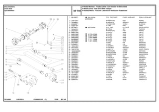 CARRARO
AJ01Z014
T0214065
60-130 No
60-225 No
0.73/0.67MM
0.92/0.87MM
1,04/0.99MM
1.17/1.12MM
1.30/1.25MM
1
2
3
4
5
6
7
8
10
11
11
11
11
11
12
13
14
15
16
17
18
19
20
21
22
23
24
25
29
30
31
32
33
34
35
36
38
061358T1
339124X1
353446X1
036903P1
036911P1
057380T1
353431X1
353540X1
898017M2
898018M2
898019M2
898020M2
882868M2
882869M2
042735P1
033992P1
195414M1
050181P2
1441271X1
1688236M93
490804M1
338623X1
355566X1
353434X1
036838S1
354264X1
353756X1
354059X1
366195X1
184174M91
353430X1
3410152M1
181142M1
037045T1
832813M1
058458P1
058457P1
1
2
2
1
1
1
8
8
1
X
X
X
X
X
1
1
1
1
1
2
2
2
1
1
1
1
1
1
1
1
1
1
1
1
1
1
1
FRONT AXLE ASSY CONJ. EJE DELANT
BOLT PERNO
WASHER ARANDELA
SHIELD BLINDAJE
PIPE CANO
KIT, AXLE JUEGO DE EJE
NUT TUERCA
BOLT PERNO
SHIM CALCE
SHIM CALCE
SHIM CALCE
SHIM CALCE
SHIM CALCE
SHIM CALCE
PIN PASADOR
PIN PASADOR
CRAMP PASADOR
BRACKET SOPORTE
O RING JUNTA TORICA
GUARD DEFENSA
CLAMP ABRAZADERA
CLAMP ABRAZADERA
NUT TUERCA
WASHER ARANDELA
LEVER PALANCA
BOLT PERNO
WASHER ARANDELA
DOWEL CENTRAJE
GROMMET PASACABLE
ROD VARILLA
NUT TUERCA
KNOB POMO
WASHER ARANDELA
PLUG TAPON
PIN PASADOR
BUSH CASQUILLO
BUSH CASQUILLO
CJ. EIXO DIANT.
PARAFUSO
ARRUELA
BLINDAGEM
TUBO
CJ. EIXO
PORCA
PARAFUSO
CALÇO
CALÇO
CALÇO
CALÇO
CALÇO
CALÇO
PINO
PINO
GRAMPO
SUPORTE
ANEL "O"
PROTEÇÃO
BRAÇADEIRA
BRAÇADEIRA
PORCA
ARRUELA
ALAVANCA
PARAFUSO
ARRUELA
CONTRAPINO
PASSA-FIO
TIRANTE
PORCA
MANÍPULO
ARRUELA
BUJÃO
PINO
BUCHA
BUCHA
C026502 E03 12/05
(1)
4 Rodas Motrizes - Tração Lateral Com Redutor De Velocidade
4 Wheels Drive - Side Drive With Creeper
4 Ruedas Motriz - Traccion Lateral Con Reducción De Velociad
60 140
Eixo Dianteiro
Front Axle
Eje Delantero
60 140
-
Menu Símbolos
 