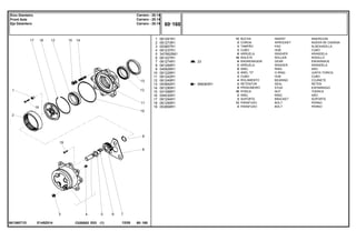 E145Z014
061360T1D
23
068383R1
1
2
3
4
5
6
7
8
9
10
11
12
13
14
15
16
17
18
19
061291R1
061273R1
053857R1
061237R1
3475625M1
061227R1
061274R1
061269R1
040926R1
061229R1
061242R1
061249R1
053850R1
061290R1
041088R1
054030R1
061294R1
061295R1
053858R1
12
2
3
2
6
18
6
2
6
2
2
4
2
8
16
2
2
12
4
INSERT INSERCION
SPROCKET RUEDA DE CADENA
PAD ALMOHADILLA
HUB CUBO
WASHER ARANDELA
ROLLER RODILLO
GEAR ENGRANAJE
WASHER ARANDELA
RING ARO
O RING JUNTA TORICA
HUB CUBO
BEARING COJINETE
SEAL RETEN
STUD ESPARRAGO
NUT TUERCA
RING ARO
BRACKET SOPORTE
BOLT PERNO
BOLT PERNO
BUCHA
COROA
TAMPÃO
CUBO
ARRUELA
ROLETE
ENGRENAGEM
ARRUELA
ANEL
ANEL "O"
CUBO
ROLAMENTO
RETENTOR
PRISIONEIRO
PORCA
ANEL
SUPORTE
PARAFUSO
PARAFUSO
C026502 E03 12/05
(1)
60 160
Carraro - 20.14
Carraro - 20.14
Carraro - 20.14
Eixo Dianteiro
Front Axle
Eje Delantero
60 160
-
Menu Símbolos
 