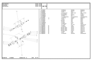 E145Z008
061355T1B
1
2
3
4
5
6
7
8
9
10
11
12
13
14
15
16
17
18
19
19
19
19
20
21
22
061288R1
061322R1
053849R1
061278R1
3475587M1
061222R1
3475584M1
061238R1
061246R1
061247R1
061248R1
041054R1
041055R1
3475583M1
040993R1
061348R1
066538R1
066530R1
066531R1
066532R1
066533R1
066534R1
066528R1
066535R1
066529R1
2
2
2
1
12
2
2
1
4
2
2
10
8
2
2
2
2
4
16
16
16
16
2
2
4
8
8
16
16
18
18
18
18
16
16
16
WASHER ARANDELA
WASHER ARANDELA
RING ARO
HOUSE ASSY CONJ. CARTER
BOLT PERNO
BEARING COJINETE
NUT TUERCA
KIT,DIFFERENTIAL JGO.DIFERENCIAL.
WASHER ARANDELA
SHAFT ARBOL
DISC DISCO
DISC DISCO
DISC DISCO
PLATE CHAPA
BOLT PERNO
KIT, AXLE JUEGO DE EJE
FORK HORQUILLA
SPIDER CRUCETA
CIRCLIP CIRCULITO
CIRCLIP CIRCULITO
CIRCLIP CIRCULITO
CIRCLIP CIRCULITO
FORK HORQUILLA
SHAFT ARBOL
GREASER ENGRASADOR
ARRUELA
ARRUELA
ANEL
CJ. CARCAÇA
PARAFUSO
ROLAMENTO
PORCA
CJ. DIFERENCIAL
ARRUELA
EIXO
DISCO
DISCO
DISCO
CHAPA
PARAFUSO
CJ. EIXO
GARFO
CRUZETA
ANEL TRAVA
ANEL TRAVA
ANEL TRAVA
ANEL TRAVA
GARFO
EIXO
GRAXEIRA
C026502 E03 12/05
(1)
60 175
Carraro - 20.14
Carraro - 20.14
Carraro - 20.14
Eixo Dianteiro
Front Axle
Eje Delantero
60 175
-
Menu Símbolos
 