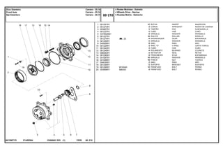 M10X45
M8X20
E145Z004
061356T1D
23
1
2
3
4
5
6
7
8
9
10
11
12
13
14
15
16
17
18
19
20
061291R1
061273R1
053857R1
061237R1
3475625M1
061227R1
061274R1
061269R1
040926R1
061229R1
061242R1
061249R1
068383R1
061290R1
041087R1
041088R1
054030R1
061294R1
061295R1
053858R1
12
2
3
2
6
18
6
2
6
2
2
4
2
8
16
16
2
2
12
4
INSERT INSERCION
SPROCKET RUEDA DE CADENA
PAD ALMOHADILLA
HUB CUBO
WASHER ARANDELA
ROLLER RODILLO
GEAR ENGRANAJE
WASHER ARANDELA
RING ARO
O RING JUNTA TORICA
HUB CUBO
BEARING COJINETE
SEAL RETEN
STUD ESPARRAGO
WASHER ARANDELA
NUT TUERCA
RING ARO
BRACKET SOPORTE
BOLT PERNO
BOLT PERNO
BUCHA
COROA
TAMPÃO
CUBO
ARRUELA
ROLETE
ENGRENAGEM
ARRUELA
ANEL
ANEL "O"
CUBO
ROLAMENTO
RETENTOR
PRISIONEIRO
ARRUELA
PORCA
ANEL
SUPORTE
PARAFUSO
PARAFUSO
C026502 E03 12/05
(1)
4 Rodas Motrizes - Estreito
4 Wheels Drive - Narrow
4 Ruedas Motriz - Estrecho
60 210
Carraro - 20.14
Carraro - 20.14
Carraro - 20.14
Eixo Dianteiro
Front Axle
Eje Delantero
60 210
-
Menu Símbolos
 