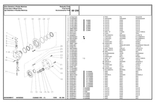 1.3
12,000MM
12,025MM
12,050
12,075MM
12,100MM
14,439MM
14,464MM
AK05Z002
6203926M91C
0,6MM
1,0MM
1,4MM
0,4MM
0,8MM
0,2MM
0,3MM
10,00MM
10,025MM
10,050MM
10,075MM
10,100MM
10,125MM
10,175MM
10,200MM
10,225MM
10,250MM
1
2
3
3
3
3
3
3
3
4
5
6
7
8
9
10
11
12
13
14
15
16
17
18
19
20
21
22
23
24
25
26
27
28
28
28
28
28
28
28
28
28
28
28
28
28
28
28
28
28
3176321M1
3176390M1
3176313M1
3176314M1
3176315M1
3176319M1
3176320M1
3588106M1
3588107M1
033721R1
033722R1
040665R1
6207052M1
6207053M1
033608R1
040689R1
3588113M1
033616R1
033621R1
3587936M1
3176341M1
3176342M1
3176340M1
3176339M1
3176347M1
3176364M1
3176345M1
3176350M1
3176351M1
3176333M1
033617R1
3176349M1
3176330M1
033580R1
033579R1
3603757M1
033577R1
033562R1
033575R1
033574R1
033573R1
033565R1
033572R1
040677R1
040678R1
040679R1
040680R1
040681R1
033570R1
033569R1
4
4
4
4
4
4
4
4
4
4
4
4
1
1
2
2
12
2
2
6
6
12
6
2
4
2
2
16
16
4
2
16
2
1
1
1
1
1
1
1
1
1
1
1
1
1
1
1
1
1
PIN PASADOR
GREASER ENGRASADOR
SHIM CALCE
SHIM CALCE
SHIM CALCE
SHIM CALCE
SHIM CALCE
SHIM CALCE
SHIM CALCE
O RING JUNTA TORICA
CAP TAPA
BEARING COJINETE
HOUSING ALOJAMIENTO
HOUSING ALOJAMIENTO
NUT TUERCA
BOLT PERNO
BOLT PERNO
ANNULAR GEAR ENGRANAJE ANULAR
NUT TUERCA
CIRCLIP CIRCULITO
BEARING COJINETE
RING ARO
GEAR ENGRANAJE
HUB CUBO
BOLT PERNO
O RING JUNTA TORICA
PLUG TAPON
WASHER ARANDELA
NUT TUERCA
BOLT PERNO
PLATE PLATO
BOLT PERNO
BEARING COJINETE
RING ARO
RING ARO
WASHER ARANDELA
RING ARO
RING ARO
RING ARO
RING ARO
RING ARO
RING ARO
RING ARO
SHIM CALCE
SHIM CALCE
SHIM CALCE
SHIM CALCE
SHIM CALCE
RING ARO
RING ARO
PINO
GRAXEIRA
CALÇO
CALÇO
CALÇO
CALÇO
CALÇO
CALÇO
CALÇO
ANEL "O"
CAPA
ROLAMENTO
CARCAÇA
CARCAÇA
PORCA
PARAFUSO
PARAFUSO
COROA
PORCA
ANEL TRAVA
ROLAMENTO
ANEL
ENGRENAGEM
CUBO
PARAFUSO
ANEL "O"
BUJÃO
ARRUELA
PORCA
PARAFUSO
PLACA
PARAFUSO
ROLAMENTO
ANEL
ANEL
ARRUELA
ANEL
ANEL
ANEL
ANEL
ANEL
ANEL
ANEL
CALÇO
CALÇO
CALÇO
CALÇO
CALÇO
ANEL
ANEL
C026502 E03 12/05
(1)
60 250
Redução Final
Final Drive
Accionamiento Final
Eixo Dianteiro 4 Rodas Motrizes
Front Axle 4 Wheel Drive
Eje Delantero 4 Ruedas Motrices
60 250
-
Menu Símbolos
 