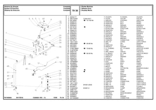 7/16X14X1"
M10X1,5X30
M18X1,5
E017Z018
T0216088A
70-155 No
60-85 No
70-65 No
60-55 No
1
2
3
4
4
5
6
7
8
9
10
11
12
13
14
14
15
16
16
17
18
19
20
21
22
23
24
25
26
27
28
29
31
31
31
31
31
32
33
34
35
37
38
39
40
41
42
43
44
45
040341T1
2801323M1
047182N1
353691X1
353897X1
353434X1
047181S1
047174S1
339451X1
339376X1
033922S1
353698X1
353432X1
033927S1
047154T1
1441115X1
489720M91
353725X1
353439X1
3148318M91
3148787M2
355917X1
042863N1
353622X1
353433X1
353427X1
196079M1
1676666M1
361859X1
195556M2
1676664M1
375090X1
067683S1
067686S1
391074X1
355617X1
339375X1
339814X1
339376X1
047155T1
1441115X1
831452M1
067905T1
3148223M1
339617X1
3585143M1
3146897M1
353685X1
353446X1
3411940M91
1
1
1
2
2
4
1
1
2
2
1
2
2
1
2
2
1
2
2
1
1
1
1
1
1
1
2
1
1
1
1
1
1
1
8
8
8
4
4
2
2
2
2
4
1
2
1
1
1
2
FLYWHEEL VOLANTE
COLLAR COLLAR
STEERING DIRECCION
BOLT PERNO
BOLT PERNO
WASHER ARANDELA
BRACKET SOPORTE
STRUCTURE ESTRUCTURA
BOLT PERNO
WASHER ARANDELA
BRACKET SOPORTE
BOLT PERNO
WASHER ARANDELA
BRACKET SOPORTE
CONNECTION CONEXION
O RING JUNTA TORICA
PIN PASADOR
BOLT PERNO
WASHER ARANDELA
KIT, CYLINDER JUEGO DE CILINDR
PIN PASADOR
CIRCLIP CIRCULITO
KIT, ARM JUEGO DE BRAZO
BOLT PERNO
WASHER ARANDELA
NUT TUERCA
SEAL RETEN
SHAFT ARBOL
BOLT PERNO
NUT TUERCA
ARM BRAZO
COTTER PIN PASADOR DOUBLE
PANEL PANEL
PANEL PANEL
BOLT PERNO
WASHER ARANDELA
WASHER ARANDELA
BOLT PERNO
WASHER ARANDELA
CONNECTION CONEXION
O RING JUNTA TORICA
O RING JUNTA TORICA
HOSE FLEXIBLE
CLAMP ABRAZADERA
NUT TUERCA
CLAMP ABRAZADERA
REINFORCEMENT REFUERZO
BOLT PERNO
WASHER ARANDELA
CONNECTION CONEXION
VOLANTE
COLAR
DIREÇÃO
PARAFUSO
PARAFUSO
ARRUELA
SUPORTE
ESTRUTURA
PARAFUSO
ARRUELA
SUPORTE
PARAFUSO
ARRUELA
SUPORTE
CONEXÃO
ANEL "O"
PINO
PARAFUSO
ARRUELA
CJ. CILINDRO
PINO
ANEL TRAVA
CJ. BRAÇO
PARAFUSO
ARRUELA
PORCA
VEDADOR
EIXO
PARAFUSO
PORCA
BRAÇO
CUPILHA
PAINEL
PAINEL
PARAFUSO
ARRUELA
ARRUELA
PARAFUSO
ARRUELA
CONEXÃO
ANEL "O"
ANEL "O"
MANGUEIRA
BRAÇADEIRA
PORCA
BRAÇADEIRA
REFORÇO
PARAFUSO
ARRUELA
CONEXÃO
C026502 E03 12/05
(1)
2 Rodas Motrizes
2 Wheels Drive
2 Ruedas Motriz
70 30
Completo
Complete
Completo
Sistema De Direção
System Of Direction
Sistema De Dirección
70 30
-
Menu Símbolos
 