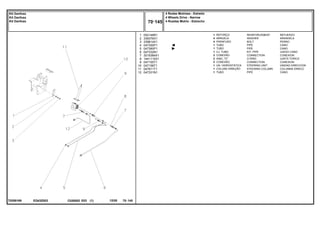 EQ43Z003
T0289169
1
2
3
4
5
6
7
8
9
10
11
12
052148R1
339376X1
339814X1
047355P1
047360P1
047332N1
3019384X1
1441115X1
047155T1
047158T1
047811T1
047331N1
1
4
4
1
1
1
2
2
2
1
1
1
REINFORCEMENT REFUERZO
WASHER ARANDELA
BOLT PERNO
PIPE CANO
PIPE CANO
KIT, PIPE JUEGO CANO
CONNECTION CONEXION
O RING JUNTA TORICA
CONNECTION CONEXION
STEERING UNIT UNIDAD DIRECCION
STEERING COLUMN COLUMNA DIRECC
PIPE CANO
REFORÇO
ARRUELA
PARAFUSO
TUBO
TUBO
CJ. TUBO
CONEXÃO
ANEL "O"
CONEXÃO
UN. HIDROSTÁTICA
COLUNA DIREÇÃO
TUBO
C026502 E03 12/05
(1)
4 Rodas Motrizes - Estreito
4 Wheels Drive - Narrow
4 Ruedas Motriz - Estrecho
70 145
Kit Danfoss
Kit Danfoss
Kit Danfoss
70 145
-
Menu Símbolos
 