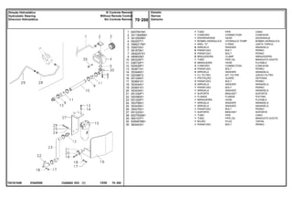EI54Z006
T0216154B
1
2
3
4
5
6
7
7
9
10
11
12
13
14
15
16
17
18
19
20
21
22
23
24
25
26
27
28
29
30
35
6207551M1
3411940M91
3412000M1
052207T1
3585217M1
339375X1
391979X1
3000257X1
490802M1
063324P1
036732P1
020529P1
353677X1
353446X1
020388T2
051326S1
353691X1
353434X1
353651X1
353434X1
051330P1
020380S1
051320P1
353758X1
353439X1
354276X1
051323S1
6207552M1
065107P1
835087M91
362443X1
1
1
1
1
1
8
6
2
6
1
2
2
4
4
1
1
3
3
1
1
1
1
1
1
1
1
1
1
1
1
1
PIPE CANO
CONNECTION CONEXION
GEAR ENGRANAJE
HYDRAULIC PUMP BOMBA HIDRAULICA
O RING JUNTA TORICA
WASHER ARANDELA
BOLT PERNO
BOLT PERNO
CLAMP ABRAZADERA
PIPE,OIL MANGUITO ACEITE
HOSE FLEXIBLE
CONNECTION CONEXION
BOLT PERNO
WASHER ARANDELA
KIT, FILTER JUEGO FILTRO
GUARD DEFENSA
BOLT PERNO
WASHER ARANDELA
BOLT PERNO
WASHER ARANDELA
BRACKET SOPORTE
FLANGE PLETINA
HOSE FLEXIBLE
WASHER ARANDELA
WASHER ARANDELA
BOLT PERNO
BRACKET SOPORTE
PIPE CANO
PIPE,OIL MANGUITO ACEITE
PLUG TAPON
BOLT PERNO
TUBO
CONEXÃO
ENGRENAGEM
BOMBA HIDRÁULICA
ANEL "O"
ARRUELA
PARAFUSO
PARAFUSO
BRAÇADEIRA
TUBO
MANGUEIRA
CONEXÃO
PARAFUSO
ARRUELA
CJ. FILTRO
PROTEÇÃO
PARAFUSO
ARRUELA
PARAFUSO
ARRUELA
SUPORTE
FLANGE
MANGUEIRA
ARRUELA
ARRUELA
PARAFUSO
SUPORTE
TUBO
TUBO
BUJÃO
PARAFUSO
C026502 E03 12/05
(1)
Estreito
Narrow
Estrecho
70 200
S/ Controle Remoto
Without Remote Control
Sin Controle Remoto
Direção Hidrostática
Hydrostatic Steering
Direccion Hidrostática
70 200
-
Menu Símbolos
 