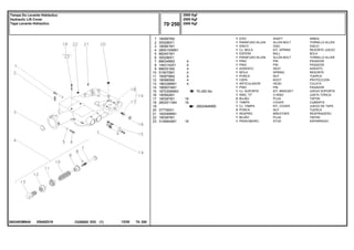 EB40Z019
2802493M94A
70-300 No
2802494M95
1
2
3
4
5
6
7
8
9
10
11
12
13
14
15
16
17
18
19
20
21
22
23
180997M2
355286X1
180981M1
2800150M91
882451M1
355286X1
886348M2
1442142X1
886351M2
519070M1
180979M2
180980M2
1863389M1
1869074M1
1870306M93
195562M1
195387M1
2802511M4
377765X1
182099M91
195387M1
3146844M1
1
1
1
1
1
1
1
1
1
1
1
1
1
1
1
1
2
1
1
2
1
1
1
4
4
4
4
4
4
4
19
19
19
SHAFT ARBOL
ALLEN BOLT TORNILLO ALLEN
DISC DISCO
KIT, SPRING RESORTE JUEGO
BALL BOLA
ALLEN BOLT TORNILLO ALLEN
PIN PASADOR
PIN PASADOR
SEAT ASIENTO
SPRING RESORTE
NUT TUERCA
BOOT PROTECCION
HEAD CULATA
PIN PASADOR
KIT, BRACKET JUEGO SOPORTE
O RING JUNTA TORICA
PLUG TAPON
COVER CUBIERTA
KIT, COVER JUEGO DE TAPA
NUT TUERCA
BREATHER RESPIRADERO
PLUG TAPON
STUD ESPARRAGO
EIXO
PARAFUSO ALLEN
DISCO
CJ. MOLA
ESFERA
PARAFUSO ALLEN
PINO
PINO
ASSENTO
MOLA
PORCA
CAPA
ARTICULADOR
PINO
CJ. SUPORTE
ANEL "O"
BUJÃO
TAMPA
CJ. TAMPA
PORCA
RESPIRO
BUJÃO
PRISIONEIRO
C026502 E03 12/05
(1)
2500 Kgf
2500 Kgf
2500 Kgf
70 250
Tampa Do Levante Hidráulico
Hydraulic Lift Cover
Tapa Levante Hidraulico
70 250
-
Menu Símbolos
 