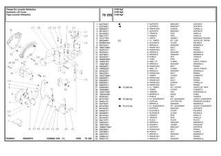 EB40Z070
T0226041
70-285 No
70-290 No
70-210 No
1
1
2
3
4
5
6
7
8
9
10
11
12
13
14
15
16
17
18
19
20
21
22
23
24
25
26
27
28
29
30
31
32
33
34
36
37
38
39
40
41
42
43
44
45
46
47
48
49
50
022750S1
022749S1
058292P1
061381P1
061405S1
046115T1
181217M1
065249N1
6209491M1
353753X1
1869138M1
353537X1
353434X1
353756X1
353430X1
3808400M1
195561M1
195874M1
058282P1
195562M1
353432X1
362479X1
182373M91
058283P1
058289P1
058292P1
058291P1
026945N1
180908M1
1482137M1
1860403M1
353918X1
061474N1
354041X1
353754X1
061475N1
061420S1
049461P1
049460P1
061443S1
061444S1
044137P1
339024X1
195414M1
1696971M91
385368X1
339169X1
339374X1
339891X1
355617X1
1
1
2
1
1
1
1
1
1
1
1
2
2
2
2
1
2
2
5
1
2
2
1
4
1
3
2
1
1
1
1
1
1
1
1
1
1
1
1
1
1
1
4
4
1
4
4
1
1
1
[C]
BRACKET SOPORTE
BRACKET SOPORTE
SCREW TORNILLO
BRACKET SOPORTE
ROD VARILLA
ROD VARILLA
GASKET EMPAQUETADURA.
KIT, CAP JUEGO DE TAPON
LEVER PALANCA
WASHER ARANDELA
BOLT PERNO
BOLT PERNO
WASHER ARANDELA
WASHER ARANDELA
NUT TUERCA
PIPE CANO
O RING JUNTA TORICA
WASHER ARANDELA
BOLT PERNO
O RING JUNTA TORICA
WASHER ARANDELA
BOLT PERNO
COVER CUBIERTA
BOLT PERNO
BOLT PERNO
SCREW TORNILLO
BOLT PERNO
KIT, COVER JUEGO DE TAPA
COVER CUBIERTA
PAD ALMOHADILLA
KNOB POMO
NUT TUERCA
KIT, QUADRANT JUEGO CUADRANTE
COTTER PIN PASADOR DOUBLE
WASHER ARANDELA
KIT, QUADRANT JUEGO CUADRANTE
BRACKET SOPORTE
LEVER PALANCA
LEVER PALANCA
ROD VARILLA
ROD VARILLA
PLATE PLATO
WASHER ARANDELA
CRAMP PASADOR
BRACKET SOPORTE
BOLT PERNO
NUT TUERCA
WASHER ARANDELA
BOLT PERNO
WASHER ARANDELA
SUPORTE
SUPORTE
PARAFUSO
SUPORTE
TIRANTE
VARETA
JUNTA
CJ. TAMPA
ALAVANCA
ARRUELA
PARAFUSO
PARAFUSO
ARRUELA
ARRUELA
PORCA
TUBO
ANEL "O"
ARRUELA
PARAFUSO
ANEL "O"
ARRUELA
PARAFUSO
TAMPA
PARAFUSO
PARAFUSO
PARAFUSO
PARAFUSO
CJ. TAMPA
TAMPA
TAMPÃO
MANÍPULO
PORCA
CJ. QUADRANTE
CUPILHA
ARRUELA
CJ. QUADRANTE
SUPORTE
ALAVANCA
ALAVANCA
TIRANTE
TIRANTE
PLACA
ARRUELA
GRAMPO
SUPORTE
PARAFUSO
PORCA
ARRUELA
PARAFUSO
ARRUELA
C026502 E03 12/05
(1)
2100 Kgf
2100 Kgf
2100 Kgf
70 255
Tampa Do Levante Hidráulico
Hydraulic Lift Cover
Tapa Levante Hidraulico
70 255
-
Menu Símbolos
 