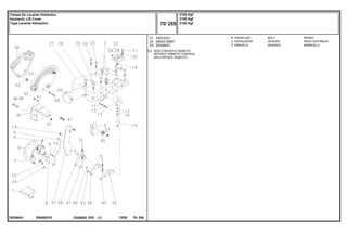 EB40Z070
T0226041
[C] SEM CONTROLE REMOTO
WITHOUT REMOTE CONTROL
SIN CONTROL REMOTO
51
52
53
339123X1
2802212M91
353446X1
3
1
7
BOLT PERNO
SPACER PIEZA DISTANCIA
WASHER ARANDELA
PARAFUSO
ESPAÇADOR
ARRUELA
C026502 E03 12/05
(1)
2100 Kgf
2100 Kgf
2100 Kgf
70 255
Tampa Do Levante Hidráulico
Hydraulic Lift Cover
Tapa Levante Hidraulico
70 255
-
Menu Símbolos
 