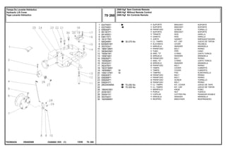 EB40Z069
T0226042A
30-275 No
70-250 No
70-305 No
1
1
2
3
4
5
6
7
8
9
10
11
12
13
14
15
16
17
18
19
20
21
22
23
24
25
25
26
27
28
29
30
022750S1
022749S1
058292P1
061381P1
061405S1
046115T1
181217M1
065249N1
6209491M1
353753X1
1869138M1
3808400M1
195561M1
195874M1
058282P1
195562M1
353432X1
362479X1
182373M91
180908M1
1482137M1
058283P1
058289P1
058292P1
058291P1
2802493M94
1860403M1
353918X1
354041X1
353754X1
182099M91
1
1
2
1
1
1
1
1
1
1
1
1
2
2
5
1
2
2
1
1
1
4
1
3
2
1
1
1
1
1
1
1
18
18
BRACKET SOPORTE
BRACKET SOPORTE
SCREW TORNILLO
BRACKET SOPORTE
ROD VARILLA
ROD VARILLA
GASKET EMPAQUETADURA.
KIT, CAP JUEGO DE TAPON
LEVER PALANCA
WASHER ARANDELA
BOLT PERNO
PIPE CANO
O RING JUNTA TORICA
WASHER ARANDELA
BOLT PERNO
O RING JUNTA TORICA
WASHER ARANDELA
BOLT PERNO
COVER CUBIERTA
COVER CUBIERTA
PAD ALMOHADILLA
BOLT PERNO
BOLT PERNO
SCREW TORNILLO
BOLT PERNO
KIT, COVER JUEGO DE TAPA
KIT, CAP JUEGO DE TAPON
KNOB POMO
NUT TUERCA
COTTER PIN PASADOR DOUBLE
WASHER ARANDELA
BREATHER RESPIRADERO
SUPORTE
SUPORTE
PARAFUSO
SUPORTE
TIRANTE
VARETA
JUNTA
CJ. TAMPA
ALAVANCA
ARRUELA
PARAFUSO
TUBO
ANEL "O"
ARRUELA
PARAFUSO
ANEL "O"
ARRUELA
PARAFUSO
TAMPA
TAMPA
TAMPÃO
PARAFUSO
PARAFUSO
PARAFUSO
PARAFUSO
CJ. TAMPA
CJ. TAMPA
MANÍPULO
PORCA
CUPILHA
ARRUELA
RESPIRO
C026502 E03 12/05
(1)
2500 Kgf Sem Controle Remoto
2500 Kgf Without Remote Control
2500 Kgf Sin Controle Remoto
70 260
Tampa Do Levante Hidráulico
Hydraulic Lift Cover
Tapa Levante Hidraulico
70 260
-
Menu Símbolos
 