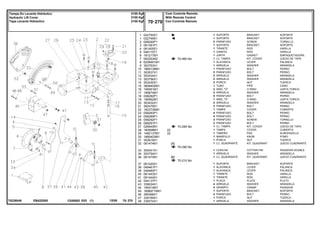 EB42Z005
T0226049
70-460 No
70-285 No
70-290 No
70-210 No
1
1
2
3
4
5
6
7
8
9
10
11
12
13
14
15
16
17
18
19
20
21
22
23
24
25
26
27
28
29
30
31
32
33
34
36
37
38
39
40
41
42
43
44
45
46
47
48
022750S1
022749S1
058292P1
061381P1
061405S1
046115T1
181217M1
063253N2
6209491M1
353753X1
1869138M1
353537X1
353434X1
353756X1
353430X1
3808400M1
195561M1
195874M1
058282P1
195562M1
353432X1
362479X1
182373M91
058283P1
058289P1
058292P1
058291P1
026945N1
180908M1
1482137M1
1860403M1
353918X1
061474N1
354041X1
353754X1
061475N1
061420S1
049461P1
049460P1
061443S1
061444S1
044137P1
339024X1
195414M1
1696971M91
385368X1
339169X1
339374X1
1
1
2
1
1
1
1
1
1
1
1
2
2
2
2
1
2
2
5
1
2
2
1
4
4
3
2
1
1
1
1
1
1
1
1
1
1
1
1
1
1
1
4
4
1
4
1
1
22
22
[A]
[B]
BRACKET SOPORTE
BRACKET SOPORTE
SCREW TORNILLO
BRACKET SOPORTE
ROD VARILLA
ROD VARILLA
GASKET EMPAQUETADURA.
KIT, COVER JUEGO DE TAPA
LEVER PALANCA
WASHER ARANDELA
BOLT PERNO
BOLT PERNO
WASHER ARANDELA
WASHER ARANDELA
NUT TUERCA
PIPE CANO
O RING JUNTA TORICA
WASHER ARANDELA
BOLT PERNO
O RING JUNTA TORICA
WASHER ARANDELA
BOLT PERNO
COVER CUBIERTA
BOLT PERNO
BOLT PERNO
SCREW TORNILLO
BOLT PERNO
KIT, COVER JUEGO DE TAPA
COVER CUBIERTA
PAD ALMOHADILLA
KNOB POMO
NUT TUERCA
KIT, QUADRANT JUEGO CUADRANTE
COTTER PIN PASADOR DOUBLE
WASHER ARANDELA
KIT, QUADRANT JUEGO CUADRANTE
BRACKET SOPORTE
LEVER PALANCA
LEVER PALANCA
ROD VARILLA
ROD VARILLA
PLATE PLATO
WASHER ARANDELA
CRAMP PASADOR
BRACKET SOPORTE
BOLT PERNO
NUT TUERCA
WASHER ARANDELA
SUPORTE
SUPORTE
PARAFUSO
SUPORTE
TIRANTE
VARETA
JUNTA
CJ. TAMPA
ALAVANCA
ARRUELA
PARAFUSO
PARAFUSO
ARRUELA
ARRUELA
PORCA
TUBO
ANEL "O"
ARRUELA
PARAFUSO
ANEL "O"
ARRUELA
PARAFUSO
TAMPA
PARAFUSO
PARAFUSO
PARAFUSO
PARAFUSO
CJ. TAMPA
TAMPA
TAMPÃO
MANÍPULO
PORCA
CJ. QUADRANTE
CUPILHA
ARRUELA
CJ. QUADRANTE
SUPORTE
ALAVANCA
ALAVANCA
TIRANTE
TIRANTE
PLACA
ARRUELA
GRAMPO
SUPORTE
PARAFUSO
PORCA
ARRUELA
C026502 E03 12/05
(1)
Com Controle Remoto
With Remote Control
Con Controle Remoto
70 270
2100 Kgf
2100 Kgf
2100 Kgf
Tampa Do Levante Hidráulico
Hydraulic Lift Cover
Tapa Levante Hidraulico
70 270
-
Menu Símbolos
 