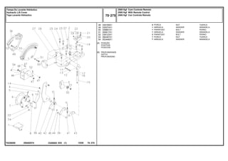 EB40Z074
T0226050
[A]
[B]
POSIÇÃO
POSITION
POSICION
PROFUNDIDADE
DEPTH
PROFUNDIDAD
48
49
50
51
52
53
54
339169X1
339374X1
339891X1
355617X1
339123X1
394367X1
353446X1
4
1
1
1
3
1
7
NUT TUERCA
WASHER ARANDELA
BOLT PERNO
WASHER ARANDELA
BOLT PERNO
NUT TUERCA
WASHER ARANDELA
PORCA
ARRUELA
PARAFUSO
ARRUELA
PARAFUSO
PORCA
ARRUELA
C026502 E03 12/05
(1)
2500 Kgf Com Controle Remoto
2500 Kgf With Remote Control
2500 Kgf Con Controle Remoto
70 275
Tampa Do Levante Hidráulico
Hydraulic Lift Cover
Tapa Levante Hidraulico
70 275
-
Menu Símbolos
 