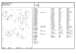 EB40Z075
T0226058
[A]
[B]
POSIÇÃO
POSITION
POSICION
PROFUNDIDADE
DEPTH
PROFUNDIDAD
70-460 No
70-320 No
70-325 No
70-310 No
70-315 No
1
2
3
4
5
6
7
8
9
10
11
12
13
14
15
16
17
18
19
20
21
22
23
23
24
25
26
27
28
29
30
31
32
33
34
058292P1
051897P1
051898S1
1665962M91
181217M1
063253N2
6209491M1
353753X1
1869138M1
353434X1
353756X1
353430X1
195874M1
058282P1
195562M1
353432X1
362479X1
182373M91
058283P1
058289P1
058292P1
058291P1
026946N1
182099M91
1860403M1
353918X1
026796N1
354041X1
353754X1
026792N1
195561M1
3808400M1
067058P1
353898X1
2
1
1
1
1
1
1
1
1
2
2
2
2
5
1
2
2
1
1
1
3
2
1
1
1
1
1
1
1
1
1
2
1
2
2
[A]
[B]
SCREW TORNILLO
BRACKET SOPORTE
ROD VARILLA
ROD VARILLA
GASKET EMPAQUETADURA.
KIT, COVER JUEGO DE TAPA
LEVER PALANCA
WASHER ARANDELA
BOLT PERNO
WASHER ARANDELA
WASHER ARANDELA
NUT TUERCA
WASHER ARANDELA
BOLT PERNO
O RING JUNTA TORICA
WASHER ARANDELA
BOLT PERNO
COVER CUBIERTA
BOLT PERNO
BOLT PERNO
SCREW TORNILLO
BOLT PERNO
KIT, COVER JUEGO DE TAPA
KIT, CAP JUEGO DE TAPON
BREATHER RESPIRADERO
KNOB POMO
NUT TUERCA
KIT, QUADRANT JUEGO CUADRANTE
COTTER PIN PASADOR DOUBLE
WASHER ARANDELA
KIT, QUADRANT JUEGO CUADRANTE
O RING JUNTA TORICA
PIPE CANO
SPACER PIEZA DISTANCIA
BOLT PERNO
PARAFUSO
SUPORTE
TIRANTE
VARETA
JUNTA
CJ. TAMPA
ALAVANCA
ARRUELA
PARAFUSO
ARRUELA
ARRUELA
PORCA
ARRUELA
PARAFUSO
ANEL "O"
ARRUELA
PARAFUSO
TAMPA
PARAFUSO
PARAFUSO
PARAFUSO
PARAFUSO
CJ. TAMPA
CJ. TAMPA
RESPIRO
MANÍPULO
PORCA
CJ. QUADRANTE
CUPILHA
ARRUELA
CJ. QUADRANTE
ANEL "O"
TUBO
ESPAÇADOR
PARAFUSO
C026502 E03 12/05
(1)
70 280
Tampa Do Levante Hidráulico
Hydraulic Lift Cover
Tapa Levante Hidraulico
70 280
-
Menu Símbolos
 