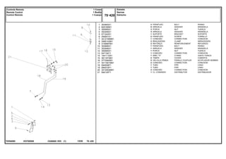 EG70Z008
T0254080
1
2
3
4
5
6
7
8
9
10
11
12
13
14
15
16
17
18
19
20
21
353683X1
829185M1
355565X1
353446X1
071242S1
354651X1
3412195M91
3585143M1
3146897M1
353685X1
353446X1
355565X1
047154T1
1441115X1
3611673M1
3772942M1
3411941M91
064509P1
064510P1
3412002M91
064129T1
3
6
3
3
1
2
1
2
2
1
1
1
1
1
2
2
2
1
1
2
1
BOLT PERNO
WASHER ARANDELA
NUT TUERCA
WASHER ARANDELA
BRACKET SOPORTE
SCREW TORNILLO
CONNECTION CONEXION
CLAMP ABRAZADERA
REINFORCEMENT REFUERZO
BOLT PERNO
WASHER ARANDELA
NUT TUERCA
CONNECTION CONEXION
O RING JUNTA TORICA
COVER CUBIERTA
FEMALE COUPLER ACOPLADOR HEMBRA
CONNECTION CONEXION
PIPE CANO
PIPE CANO
CONNECTION CONEXION
DISTRIBUTOR DISTRIBUIDOR
PARAFUSO
ARRUELA
PORCA
ARRUELA
SUPORTE
PARAFUSO
CONEXÃO
BRAÇADEIRA
REFORÇO
PARAFUSO
ARRUELA
PORCA
CONEXÃO
ANEL "O"
TAMPA
VÁLVULA FÊMEA
CONEXÃO
TUBO
TUBO
CONEXÃO
CJ. COMANDO
C026502 E03 12/05
(1)
Estreito
Narrow
Estrecho
70 420
1 Corpo
1 Boddy
1 Cuerpo
Controle Remoto
Remote Control
Control Remoto
70 420
-
Menu Símbolos
 