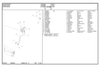 EG69Z032
T0254139
[A] CONTROLE REMOTO - 2 VÁLVULAS
REMOTE CONTROL - 2 VALVES
CONTROL REMOTO - 2 VALVULAS
1
2
3
4
5
6
7
8
9
10
11
12
13
14
15
16
17
18
19
20
21
062966T1
353683X1
829185M1
355565X1
353446X1
071242S1
354651X1
3412002M91
064510P1
071155P1
3412195M91
3585143M1
3146897M1
353685X1
353446X1
355565X1
047154T1
1441115X1
3611673M1
3772942M1
3411941M91
1
3
6
3
3
1
2
2
1
1
1
2
2
1
1
1
1
1
4
4
2
[A] KIT, ACTUATOR JUEGO ACTUADOR
BOLT PERNO
WASHER ARANDELA
NUT TUERCA
WASHER ARANDELA
BRACKET SOPORTE
SCREW TORNILLO
CONNECTION CONEXION
PIPE CANO
PIPE CANO
CONNECTION CONEXION
CLAMP ABRAZADERA
REINFORCEMENT REFUERZO
BOLT PERNO
WASHER ARANDELA
NUT TUERCA
CONNECTION CONEXION
O RING JUNTA TORICA
COVER CUBIERTA
FEMALE COUPLER ACOPLADOR HEMBRA
CONNECTION CONEXION
CJ. COMANDO
PARAFUSO
ARRUELA
PORCA
ARRUELA
SUPORTE
PARAFUSO
CONEXÃO
TUBO
TUBO
CONEXÃO
BRAÇADEIRA
REFORÇO
PARAFUSO
ARRUELA
PORCA
CONEXÃO
ANEL "O"
TAMPA
VÁLVULA FÊMEA
CONEXÃO
C026502 E03 12/05
(1)
Citrus
Citrus
Citrus
70 445
2 Corpos
2 Boddys
2 Cuerpos
Controle Remoto
Remote Control
Control Remoto
70 445
-
Menu Símbolos
 