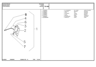 EG68Z003
072262N1
1
2
3
4
5
6
7
8
072262N1
070591S1
070592P1
070593S1
070839P1
071471P1
354059X1
6203802M91
1
1
1
1
1
1
2
1
KIT, LEVER JUEGO, PALANCA
BRACKET SOPORTE
PIN PASADOR
LEVER PALANCA
SLEEVE MANCHA
BUSH CASQUILLO
DOWEL CENTRAJE
KNOB POMO
CJ. ALAVANCA
SUPORTE
PINO
ALAVANCA
LUVA
BUCHA
CONTRAPINO
MANÍPULO
C026502 E03 12/05
(1)
70 450
Alavanca
Lever
Palanca
Controle Remoto
Remote Control
Control Remoto
70 450
-
Menu Símbolos
 
