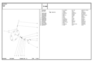 EQ73Z005
063253N2
065247N1
1
2
3
4
5
6
7
8
9
10
11
12
13
14
15
16
063254N2
049179P1
1869134M2
1869136M1
1001833M1
1869407M1
357616X1
1869408M1
6209491M1
1869138M1
353753X1
377426X1
2801719M1
3412001M91
046213P1
1
1
1
1
1
1
1
1
1
1
1
1
1
1
1
1
1
1
KIT, CAP JUEGO DE TAPON
PIPE CANO
COVER CUBIERTA
ACTUATOR ACTUADOR
SPRING RESORTE
O RING JUNTA TORICA
SHAFT ARBOL
PIN PASADOR
PLATE PLATO
LEVER PALANCA
BOLT PERNO
WASHER ARANDELA
CIRCLIP CIRCULITO
PIN PASADOR
CONNECTION CONEXION
PIPE CANO
CJ. TAMPA
TUBO
TAMPA
ATUADOR
MOLA
ANEL "O"
EIXO
PINO
PLACA
ALAVANCA
PARAFUSO
ARRUELA
ANEL TRAVA
PINO
CONEXÃO
TUBO
C026502 E03 12/05
(1)
70 460
Cj. Tampa
Cover
Tapa
70 460
-
Menu Símbolos
 