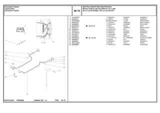 EP98Z009
T0237013ADV
80-65 No
80-105 No
1
2
3
4
5
8
9
10
11
12
13
14
15
16
17
18
19
3010597X1
042603T1
3225356M1
063343N1
832882M1
062297N2
063337T1
353666X1
353441X1
3010597X1
022182T1
033089P1
063265N2
390995X1
390469X1
2801324M1
834096M1
1
2
10
1
2
1
1
4
4
2
2
1
1
2
2
3
1
WASHER ARANDELA
COVER CUBIERTA
CLAMP ABRAZADERA
HARNESS MAZO CABLES
GROMMET PASACABLE
RELAY RELE
HARNESS MAZO CABLES
BOLT PERNO
WASHER ARANDELA
WASHER ARANDELA
LAMP FARO
BRACKET SOPORTE
KIT, HARNESS JUEGO DE ARNES
NUT TUERCA
WASHER ARANDELA
PLUG TAPON
GROMMET PASACABLE
ARRUELA
TAMPA
BRAÇADEIRA
CHICOTE
PASSA-FIO
RELÉ
CHICOTE
PARAFUSO
ARRUELA
ARRUELA
LANTERNA
SUPORTE
CJ. CHICOTE
PORCA
ARRUELA
BUJÃO
PASSA-FIO
C026502 E03 12/05
(1)
Sem Pisca Alerta E Sem Seta Direcional
Without Hazard Light And Without Turn Light
Sin La Luz De Riesgo Y Sin La Luz Del Giro
80 70
Iluminação Traseira
Lighting Rear
Iluminacion Trasera
80 70
-
Menu Símbolos
 