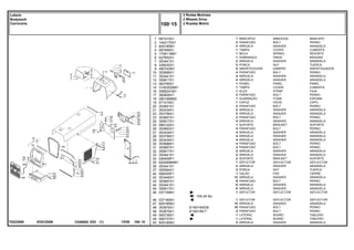 5/16X18X5/8
5/16X18X1"
ED51Z059
T0223089
100-45 No
1
2
3
4
5
6
7
8
9
10
11
12
13
14
16
17
18
19
20
21
22
23
24
25
26
27
28
29
30
31
32
33
34
35
36
37
40
42
43
44
45
46
46
47
48
48
49
49
50
067410S1
1442175X1
829185M1
067956S1
1706116M1
027852S1
353441X1
339030X1
490742M1
353666X1
353441X1
355617X1
062785S1
3149352M91
3589241M1
360826X1
2801689M2
071019S1
353691X1
353434X1
353756X1
353667X1
355617X1
068122S1
353693X1
353434X1
353756X1
353434X1
353688X1
353667X1
355617X1
353441X1
026409P1
6200896M91
353441X1
355564X1
068305P1
353446X1
353667X1
353441X1
355617X1
037159N1
037160N1
829185M1
353676X1
353679X1
065736S1
065737S1
829185M1
1
2
2
1
1
1
2
2
5
4
4
4
1
1
1
2
1
1
2
2
2
2
4
1
4
4
4
4
4
2
2
2
2
1
2
2
1
12
6
6
6
1
1
12
10
2
1
1
4
MINIHOOD MINICAPÓ
BOLT PERNO
WASHER ARANDELA
COVER CUBIERTA
SPRING RESORTE
HINGE BISAGRA
WASHER ARANDELA
NUT TUERCA
DAMPER AMORTIGUADOR
BOLT PERNO
WASHER ARANDELA
WASHER ARANDELA
PANEL PANEL
COVER CUBIERTA
STRAP FAJA
BOLT PERNO
FOAM ESPUMA
HOOD CAPO
BOLT PERNO
WASHER ARANDELA
WASHER ARANDELA
BOLT PERNO
WASHER ARANDELA
BRACKET SOPORTE
BOLT PERNO
WASHER ARANDELA
WASHER ARANDELA
WASHER ARANDELA
BOLT PERNO
BOLT PERNO
WASHER ARANDELA
WASHER ARANDELA
BRACKET SOPORTE
DEFLECTOR DEFLECTOR
WASHER ARANDELA
NUT TUERCA
PAD CIERRE
WASHER ARANDELA
BOLT PERNO
WASHER ARANDELA
WASHER ARANDELA
DEFLECTOR DEFLECTOR
DEFLECTOR DEFLECTOR
WASHER ARANDELA
BOLT PERNO
BOLT PERNO
BOARD TABLERO
BOARD TABLERO
WASHER ARANDELA
MINICAPUZ
PARAFUSO
ARRUELA
TAMPA
MOLA
DOBRADIÇA
ARRUELA
PORCA
AMORTECEDOR
PARAFUSO
ARRUELA
ARRUELA
PAINEL
TAMPA
ALÇA
PARAFUSO
GUARNIÇÃO
CAPUZ
PARAFUSO
ARRUELA
ARRUELA
PARAFUSO
ARRUELA
SUPORTE
PARAFUSO
ARRUELA
ARRUELA
ARRUELA
PARAFUSO
PARAFUSO
ARRUELA
ARRUELA
SUPORTE
DEFLETOR
ARRUELA
PORCA
GALÃO
ARRUELA
PARAFUSO
ARRUELA
ARRUELA
DEFLETOR
DEFLETOR
ARRUELA
PARAFUSO
PARAFUSO
LATERAL
LATERAL
ARRUELA
C026502 E03 12/05
(1)
2 Rodas Motrizes
2 Wheels Drive
2 Ruedas Motriz
100 15
Lataria
Bodywork
Carroceria
100 15
-
Menu Símbolos
 