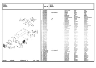 ED51Z060
T0223090
100-35 No
100-40 No
1
2
3
4
5
6
7
8
9
9
10
11
12
13
14
15
16
17
18
19
20
21
22
23
24
25
26
27
28
29
30
31
32
33
34
35
36
37
38
39
40
41
42
43
44
45
46
47
48
49
068290N1
068305P1
068285N1
065741S1
022625N1
353726X1
353433X1
065586S1
065736S1
065737S1
354264X1
353434X1
353676X1
829185M1
353446X1
490742M1
067410S1
067956S1
027852S1
1706116M1
1442175X1
829185M1
353441X1
339030X1
391074X1
355617X1
067679S1
353677X1
353446X1
067979P1
068318P1
068122S1
353693X1
353434X1
353756X1
062785S1
353666X1
353441X1
355617X1
3149352M91
2801689M2
3589241M1
360826X1
353667X1
355617X1
353441X1
026409P1
353691X1
353434X1
353756X1
1
1
1
1
1
6
6
1
1
1
4
4
12
12
12
5
1
1
1
1
2
2
2
2
8
8
1
4
4
1
2
1
4
4
4
1
4
4
4
1
1
1
2
2
2
2
2
2
2
2
NOSE NARIZ
PAD CIERRE
GRILLE REJILLA
HOOD CAPO
CABLE CABLE
BOLT PERNO
WASHER ARANDELA
WEIGHT FRAME BASTIDOR P.PESAS
BOARD TABLERO
BOARD TABLERO
BOLT PERNO
WASHER ARANDELA
BOLT PERNO
WASHER ARANDELA
WASHER ARANDELA
DAMPER AMORTIGUADOR
MINIHOOD MINICAPÓ
COVER CUBIERTA
HINGE BISAGRA
SPRING RESORTE
BOLT PERNO
WASHER ARANDELA
WASHER ARANDELA
NUT TUERCA
BOLT PERNO
WASHER ARANDELA
PANEL PANEL
BOLT PERNO
WASHER ARANDELA
PAD CIERRE
PAD CIERRE
BRACKET SOPORTE
BOLT PERNO
WASHER ARANDELA
WASHER ARANDELA
PANEL PANEL
BOLT PERNO
WASHER ARANDELA
WASHER ARANDELA
COVER CUBIERTA
FOAM ESPUMA
STRAP FAJA
BOLT PERNO
BOLT PERNO
WASHER ARANDELA
WASHER ARANDELA
BRACKET SOPORTE
BOLT PERNO
WASHER ARANDELA
WASHER ARANDELA
ENVOLTÓRIO
GALÃO
GRADE
CAPUZ
CABO
PARAFUSO
ARRUELA
SUPORTE PESOS
LATERAL
LATERAL
PARAFUSO
ARRUELA
PARAFUSO
ARRUELA
ARRUELA
AMORTECEDOR
MINICAPUZ
TAMPA
DOBRADIÇA
MOLA
PARAFUSO
ARRUELA
ARRUELA
PORCA
PARAFUSO
ARRUELA
PAINEL
PARAFUSO
ARRUELA
GALÃO
GALÃO
SUPORTE
PARAFUSO
ARRUELA
ARRUELA
PAINEL
PARAFUSO
ARRUELA
ARRUELA
TAMPA
GUARNIÇÃO
ALÇA
PARAFUSO
PARAFUSO
ARRUELA
ARRUELA
SUPORTE
PARAFUSO
ARRUELA
ARRUELA
C026502 E03 12/05
(1)
Estreito
Narrow
Estrecho
100 20
Lataria
Bodywork
Carroceria
100 20
-
Menu Símbolos
 