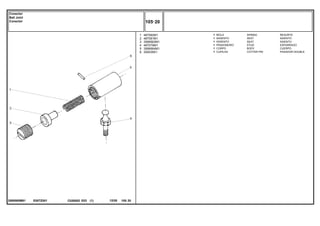 E007Z001
3589565M91
1
2
3
4
5
6
487082M1
487081M1
3589563M1
487079M1
3589564M1
354039X1
1
1
1
1
1
1
SPRING RESORTE
SEAT ASIENTO
SEAT ASIENTO
STUD ESPARRAGO
BODY CUERPO
COTTER PIN PASADOR DOUBLE
MOLA
ASSENTO
ASSENTO
PRISIONEIRO
CORPO
CUPILHA
C026502 E03 12/05
(1)
105 20
Conector
Ball Joint
Conector
105 20
-
Menu Símbolos
 