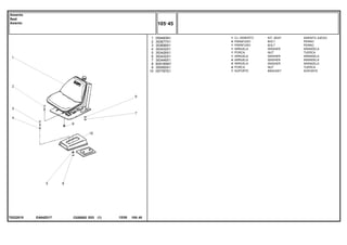 EA64Z017
T0222015
1
2
3
4
5
6
7
8
9
10
059483N1
353677X1
353699X1
353432X1
353426X1
353432X1
353446X1
829185M1
355565X1
057787S1
1
4
1
1
1
1
4
4
4
1
KIT, SEAT ASIENTO JUEGO
BOLT PERNO
BOLT PERNO
WASHER ARANDELA
NUT TUERCA
WASHER ARANDELA
WASHER ARANDELA
WASHER ARANDELA
NUT TUERCA
BRACKET SOPORTE
CJ. ASSENTO
PARAFUSO
PARAFUSO
ARRUELA
PORCA
ARRUELA
ARRUELA
ARRUELA
PORCA
SUPORTE
C026502 E03 12/05
(1)
105 45
Assento
Seat
Asiento
105 45
-
Menu Símbolos
 