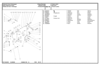 7/16x20x2.3/4
7/16x20
7/16x14x1.3/4
EL90Z009
T0211003ADV
48
49
50
51
52
53
54
55
56
58
60
61
62
022524S1
048533S1
377563X1
2800894M1
353432X1
353426X1
12501X
377184X1
353432X1
022842P1
181150M1
058423P1
3700585M1
1
1
1
1
1
1
1
1
1
1
1
1
1
ROD VARILLA
ROD VARILLA
BOLT PERNO
LEVER PALANCA
WASHER ARANDELA
NUT TUERCA
KEY CLAVE
BOLT PERNO
WASHER ARANDELA
SPACER PIEZA DISTANCIA
LOCK RETENEDOR
PLATE PLATO
SPRING RESORTE
TIRANTE
TIRANTE
PARAFUSO
ALAVANCA
ARRUELA
PORCA
CHAVETA
PARAFUSO
ARRUELA
ESPAÇADOR
TRAVA
PLACA
MOLA
C026502 E03 12/05
(1)
Tração Lateral
Side Drive
Traccion Lateral
105 70
4 Rodas Motrizes
4 Wheels Drive
4 Ruedas Motriz
Pedais Do Freio E Embreagem
Brake Pedals And Clutch
Pedales De Freno Y Embrague
105 70
-
Menu Símbolos
 
