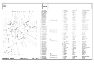 EE38Z015
3146018M91AD
105-125 No
105-105 No
105-130 No
105-150 No
105-140 No
105-145 No
1
2
3
4
5
6
7
8
9
10
12
13
14
15
16
17
18
19
20
21
22
23
24
24
24
25
26
27
28
29
30
31
32
33
34
35
36
37
38
39
40
41
42
43
44
45
46
361332X1
3589508M91
181150M1
3588673M1
339376X1
339402X1
2802224M1
195708M1
353540X1
027511S1
026648N1
058425P1
353437X1
353439X1
353888X1
13811X
3409161M91
850778M1
2800888M91
1001489M1
187661M91
2802114M91
1482675M1
1482676M1
1482677M1
1482670M1
339469X1
361203X1
3589503M1
027960N1
352438X1
3145369M1
354059X1
832813M1
487096M1
357515X1
2801075M1
2801172M1
2801154M1
3589513M1
195663M1
181958M1
022524S1
027958N2
354048X1
027750N2
1669096M2
1
1
1
1
1
1
1
1
1
1
1
1
1
1
1
1
1
1
1
2
2
1
X
X
X
3
1
1
1
1
2
2
10
10
1
1
1
1
1
1
1
1
1
1
1
1
4
COTTER PIN PASADOR DOUBLE
LEVER PALANCA
LOCK RETENEDOR
PIN PASADOR
WASHER ARANDELA
NUT TUERCA
SPRING RESORTE
CRAMP PASADOR
BOLT PERNO
STOP PARO
KIT, ROD JUEGO DE BIELAS
ARM BRAZO
NUT TUERCA
WASHER ARANDELA
BOLT PERNO
GREASER ENGRASADOR
LEVER PALANCA
GREASER ENGRASADOR
BRACKET SOPORTE
O RING JUNTA TORICA
KIT, ROD JUEGO DE BIELAS
LEVER PALANCA
SHIM CALCE
SHIM CALCE
SHIM CALCE
WASHER ARANDELA
CIRCLIP CIRCULITO
BOLT PERNO
LOCK RETENEDOR
PEDAL PEDAL
CIRCLIP CIRCULITO
WASHER ARANDELA
DOWEL CENTRAJE
PIN PASADOR
BUTTON PULSADOR
NUT TUERCA
COTTER PASADOR ABIERTO
WASHER ARANDELA
RING ARO
ROD VARILLA
NUT TUERCA
SPRING RESORTE
ROD VARILLA
PEDAL PEDAL
COTTER PIN PASADOR DOUBLE
PEDAL PEDAL
SHIM CALCE
CUPILHA
ALAVANCA
TRAVA
PINO
ARRUELA
PORCA
MOLA
GRAMPO
PARAFUSO
BATENTE
CJ. TIRANTE
BRAÇO
PORCA
ARRUELA
PARAFUSO
GRAXEIRA
ALAVANCA
GRAXEIRA
SUPORTE
ANEL "O"
CJ. TIRANTE
ALAVANCA
CALÇO
CALÇO
CALÇO
ARRUELA
ANEL TRAVA
PARAFUSO
TRAVA
PEDAL
ANEL TRAVA
ARRUELA
CONTRAPINO
PINO
BOTÃO
PORCA
PASSADOR
ARRUELA
ANEL
TIRANTE
PORCA
MOLA
TIRANTE
PEDAL
CUPILHA
PEDAL
CALÇO
C026502 E03 12/05
(1)
105 85
Pedais
Pedals
Pedales
105 85
-
Menu Símbolos
 