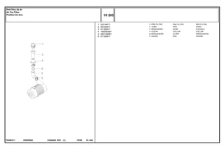 0292Z005
T0289311
1
2
3
4
5
6
022188T1
067384P1
071606P1
1682800M1
2801096M1
071958P1
1
1
1
1
2
1
PRE FILTER PRE FILTRO
PIPE CANO
HOSE FLEXIBLE
COLLAR COLLAR
CLAMP ABRAZADERA
PAD CIERRE
PRÉ-FILTRO
TUBO
MANGUEIRA
COLAR
BRAÇADEIRA
GALÃO
C026502 E03 12/05
(1)
10 265
Pré-Filtro De Ar
Air Pre Filter
Prefiltro De Aire
10 265
-
Menu Símbolos
 